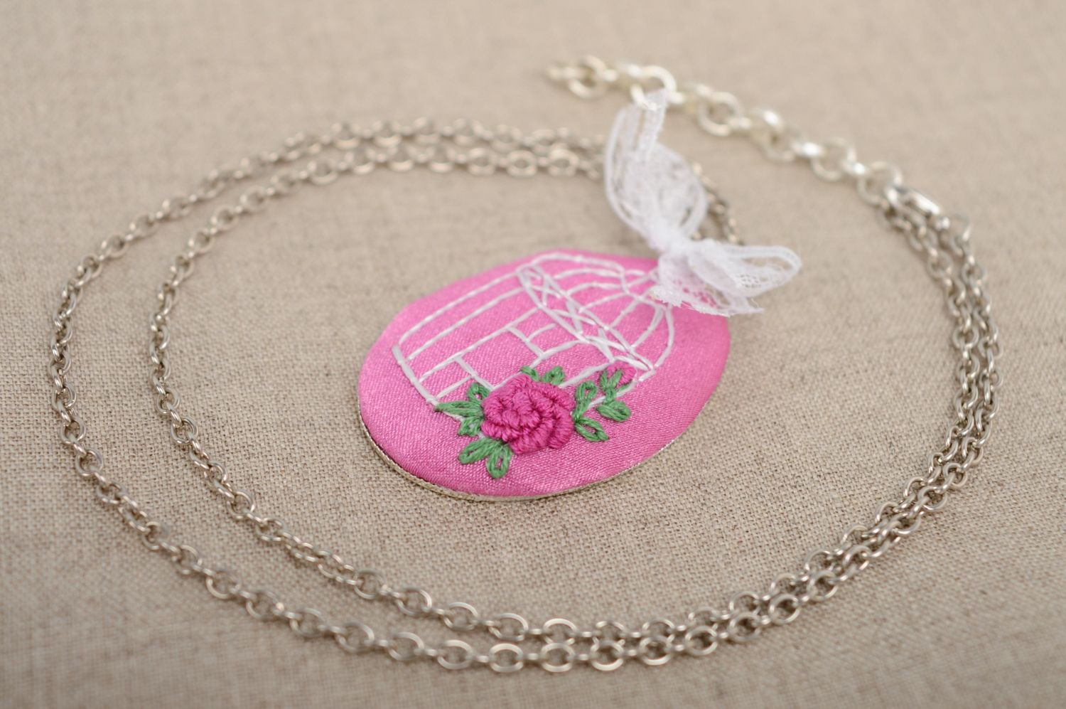 Pink handmade satin embroidered pendant Cage photo 1