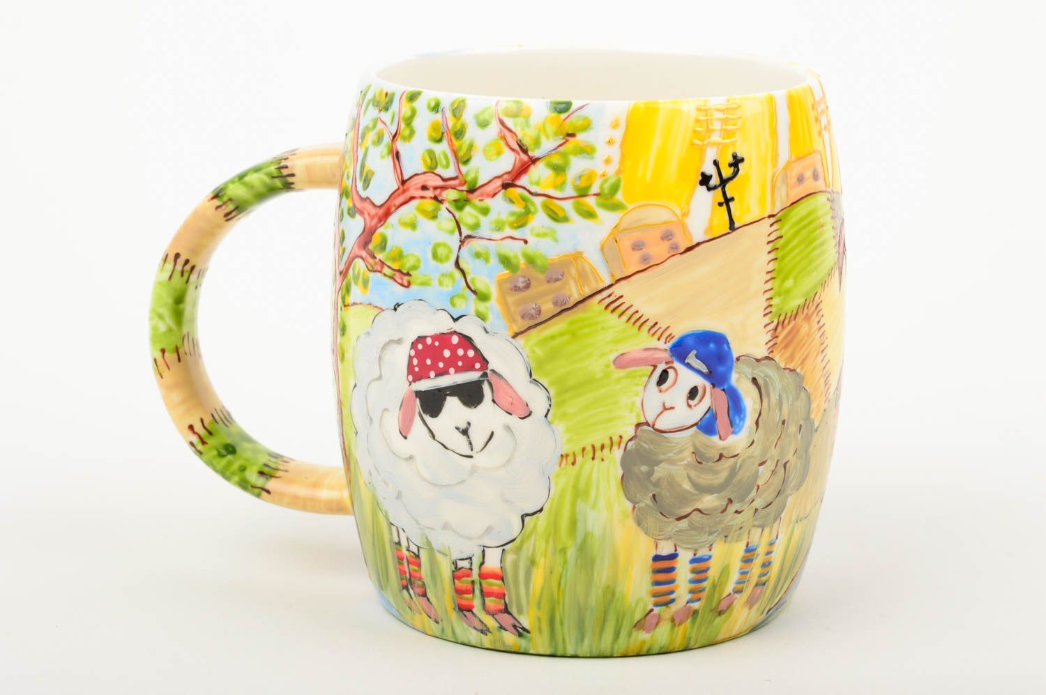 White ceramic coffee mug with handle and sheep party painting photo 5
