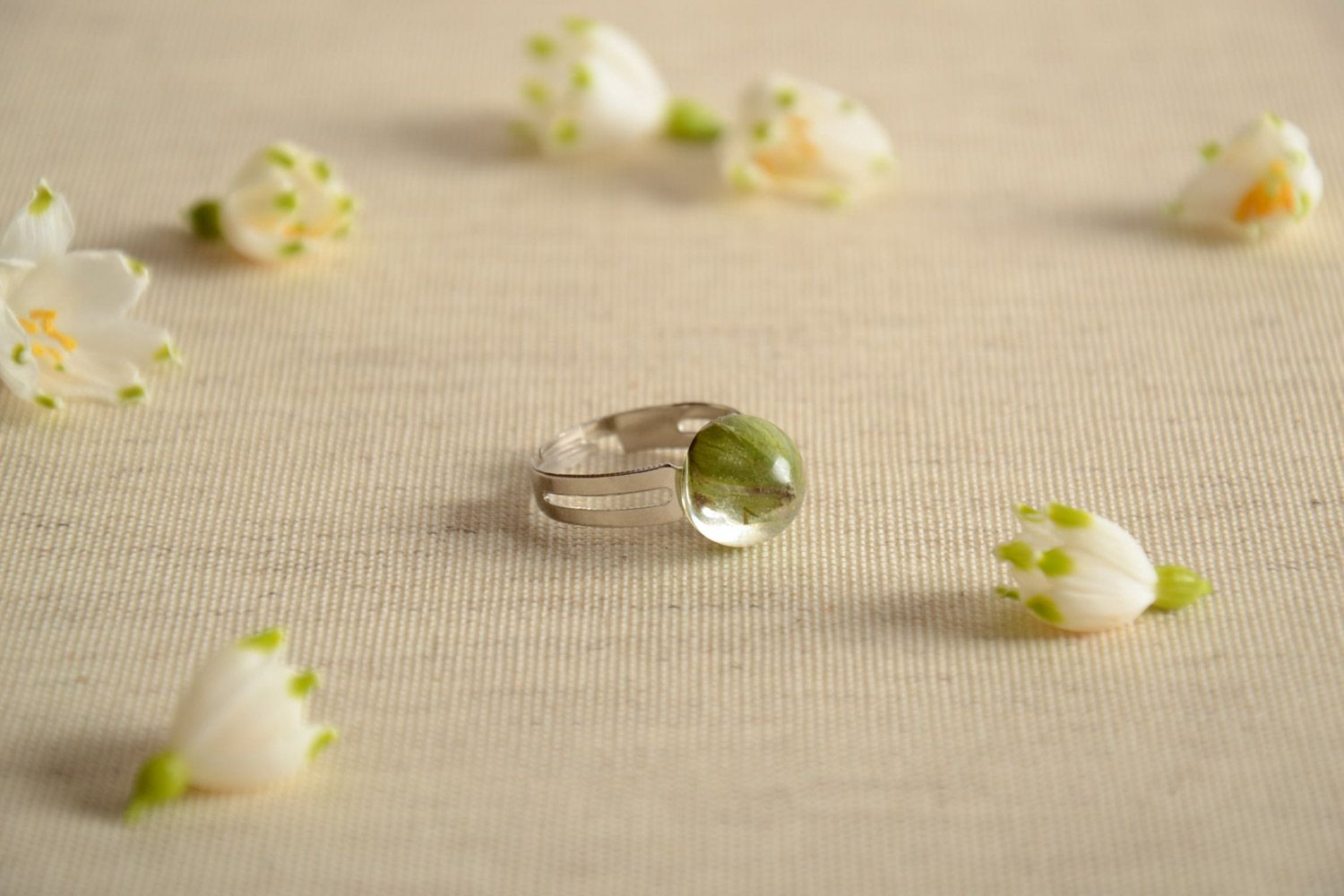 Tender small handmade ring with natural plant green leaf in epoxy resin  photo 1