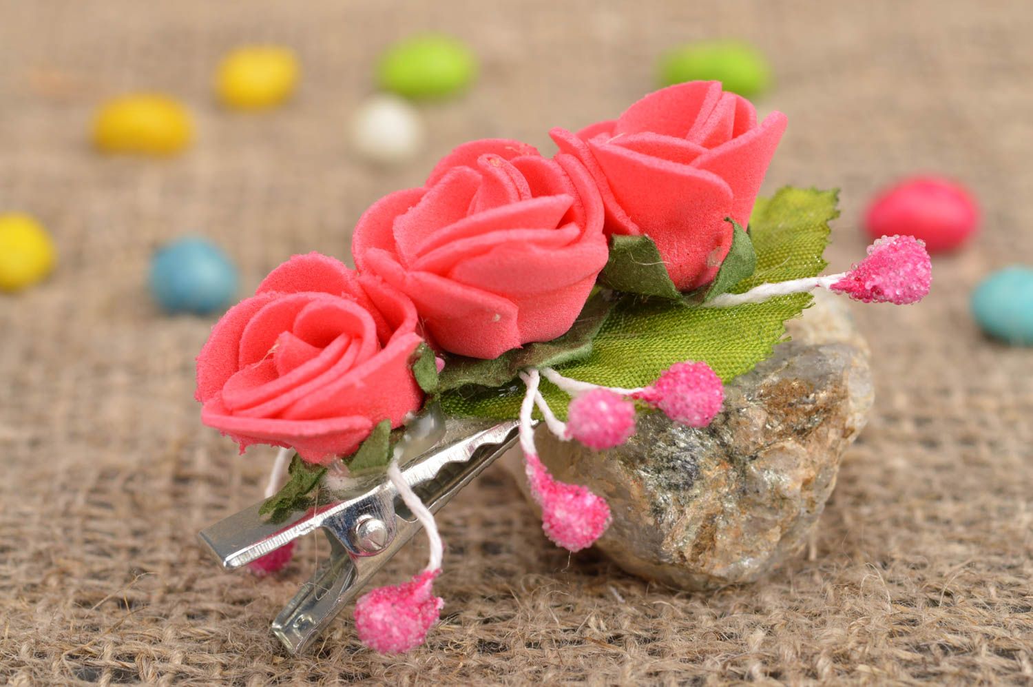 Pince à cheveux fleurs roses artificielles faite main jolie pour fillette photo 1