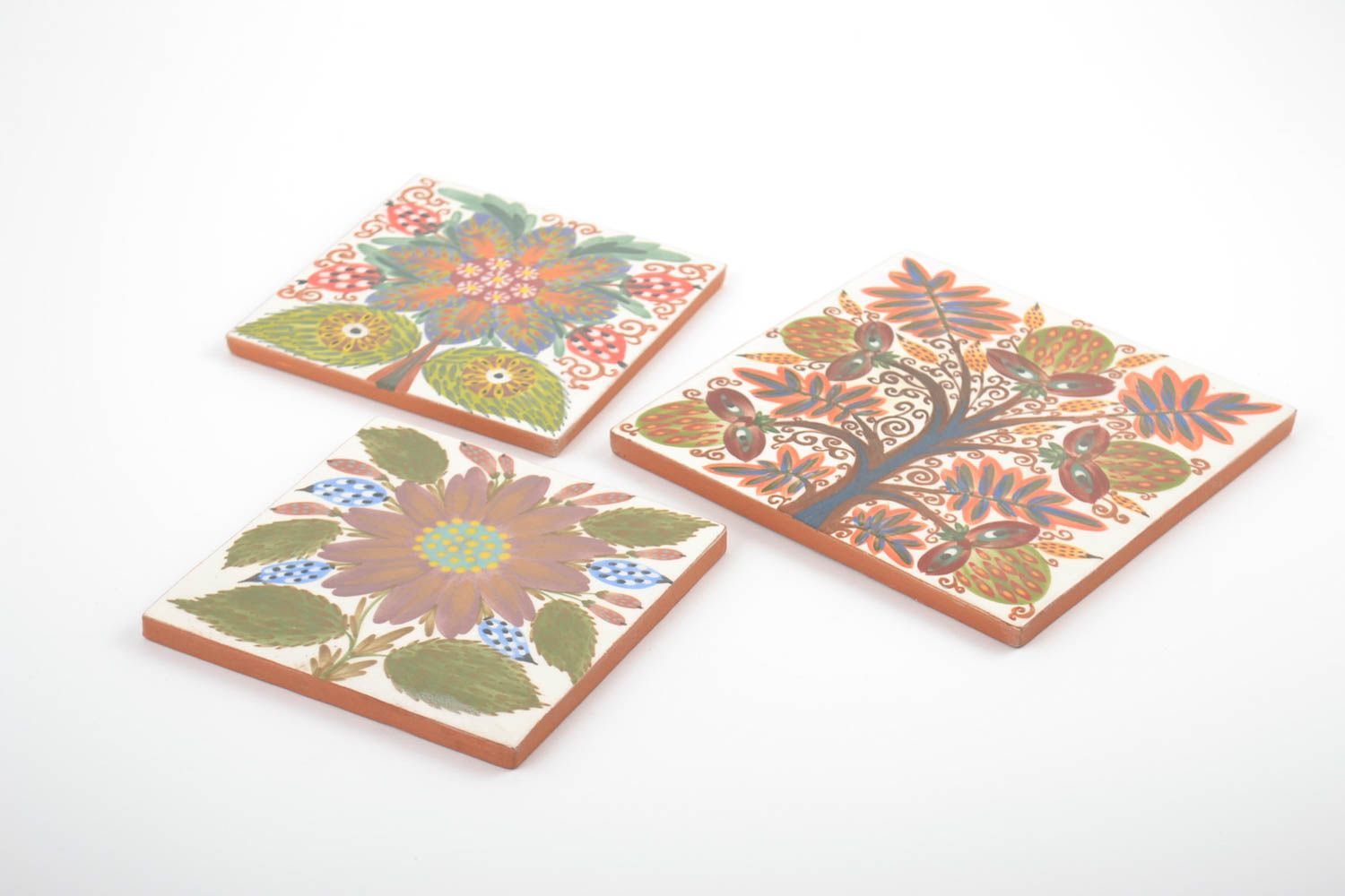 Set of 3 handmade decorative painted colorful ceramic tiles with floral motives photo 4