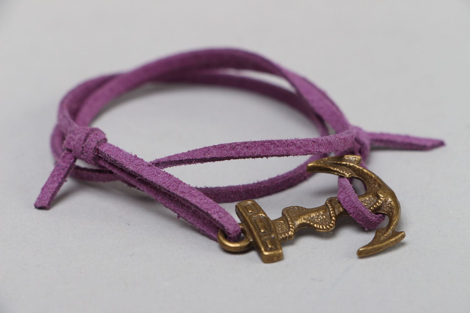 Handmade faux suede wrist bracelet of violet color with metal charm Marine photo 2