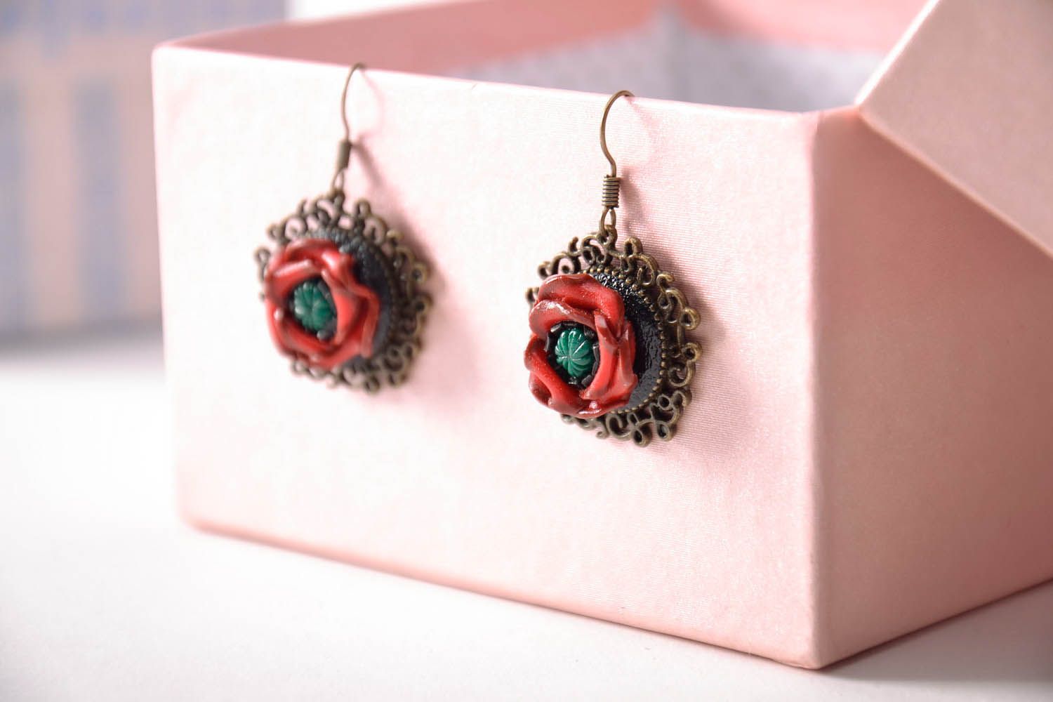Earrings made of polymer clay and metal Poppies photo 3