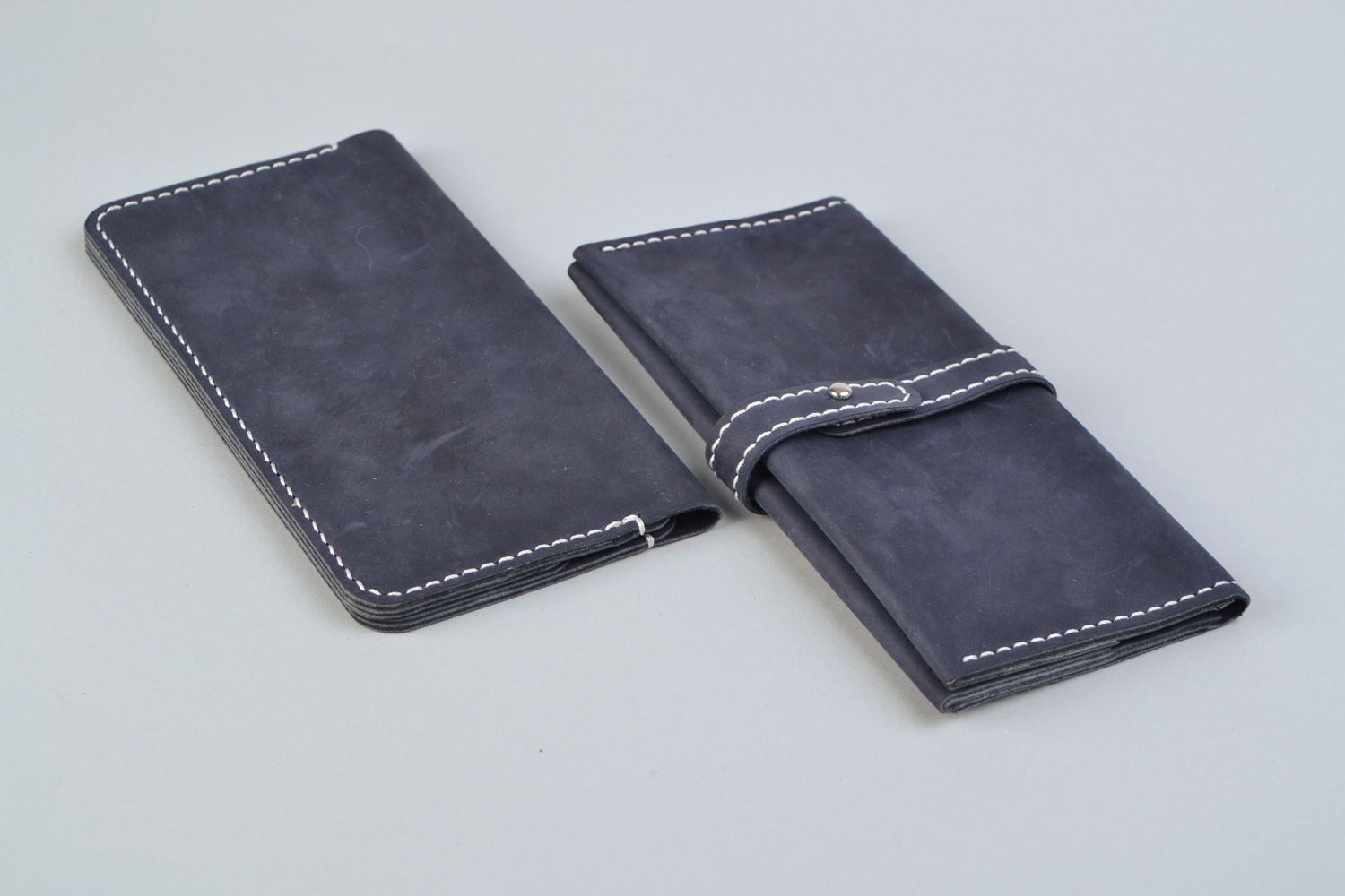 Set of handmade genuine leather wallet and purse of blue color photo 3