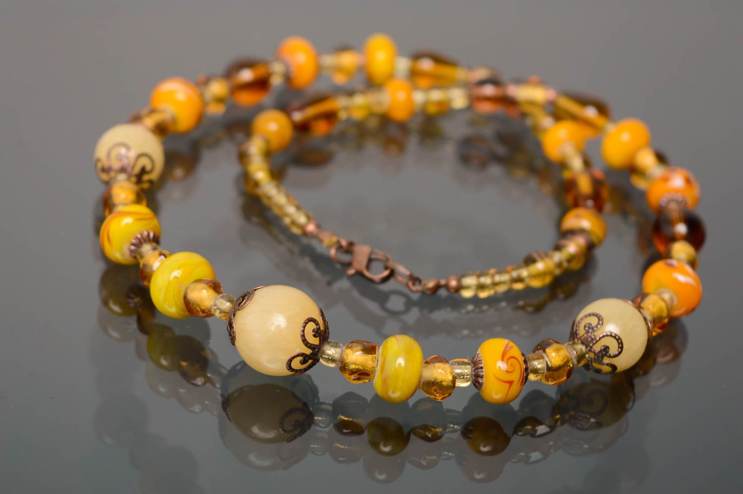 Handmade lampwork glass bead necklace Yellow Motives photo 1