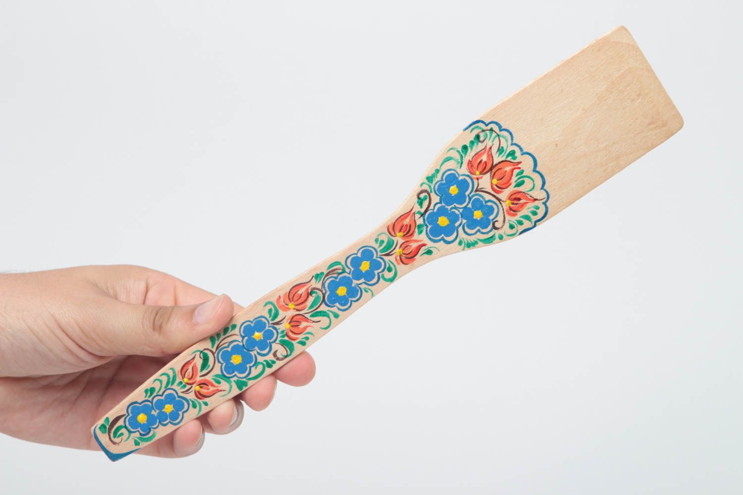 Голубая деревянная лопатка декоративная с Петриковской росписью ручной работы фото 5