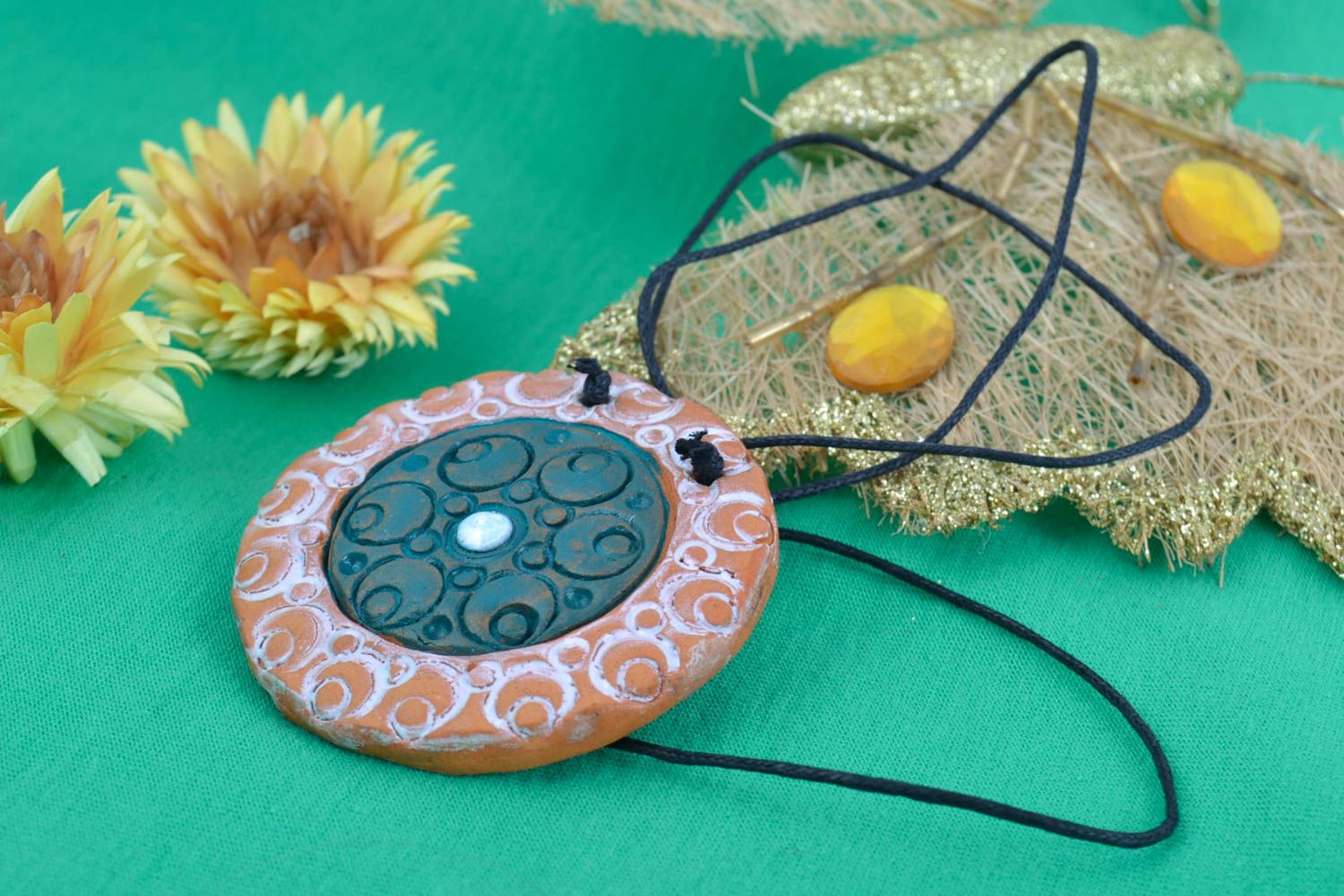 Handmade designer round ceramic pendant necklace painted with acrylics  photo 1