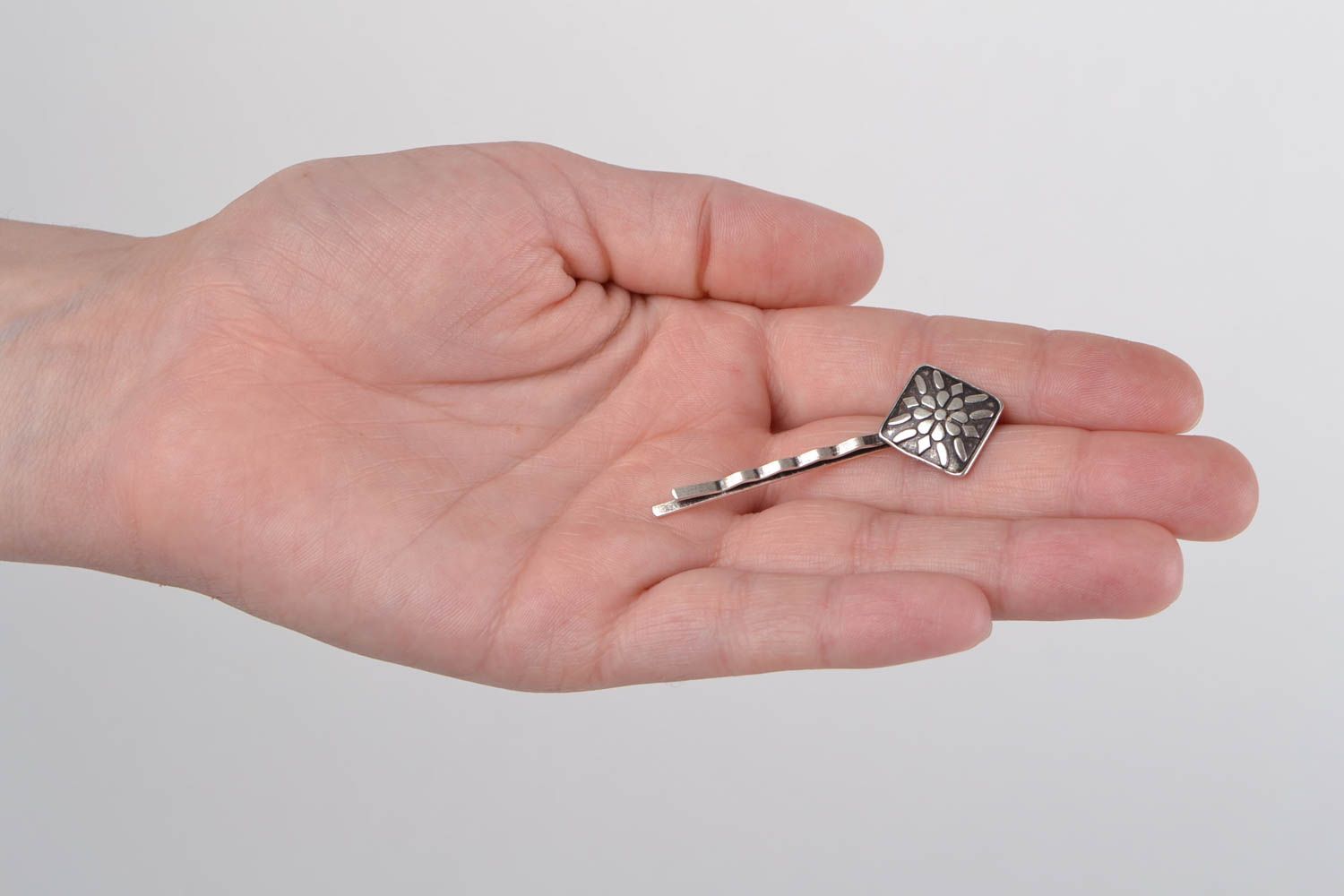 Beautiful handmade designer metal bobby pin in the shape of rhombus with pattern photo 2