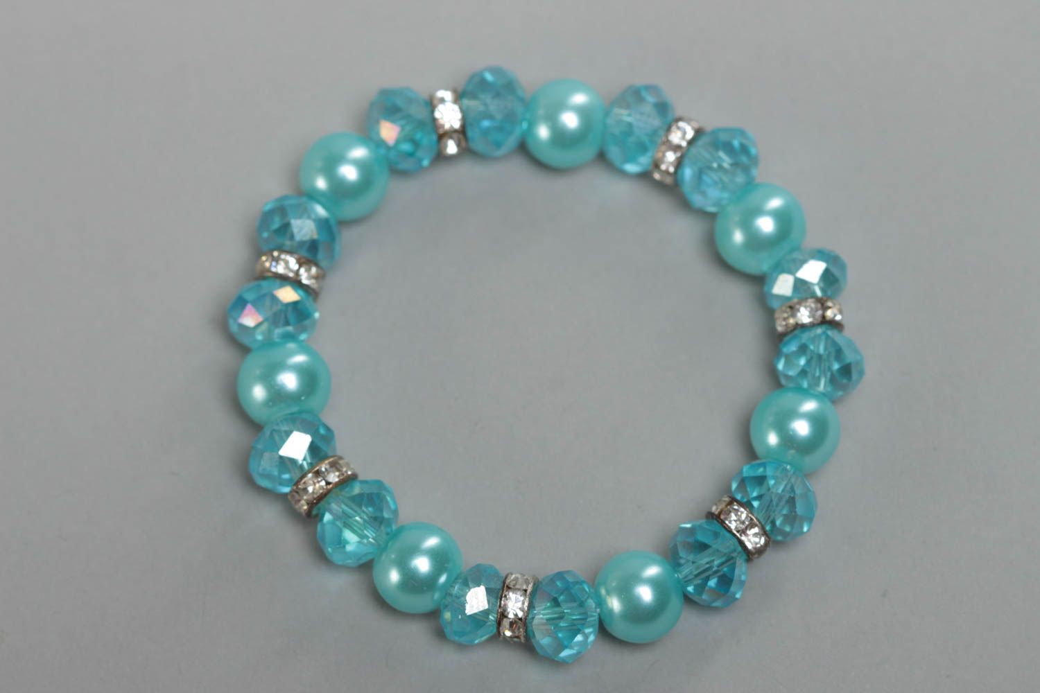 Blue children's handmade wrist bracelet with crystal and ceramic beads stretchy photo 2