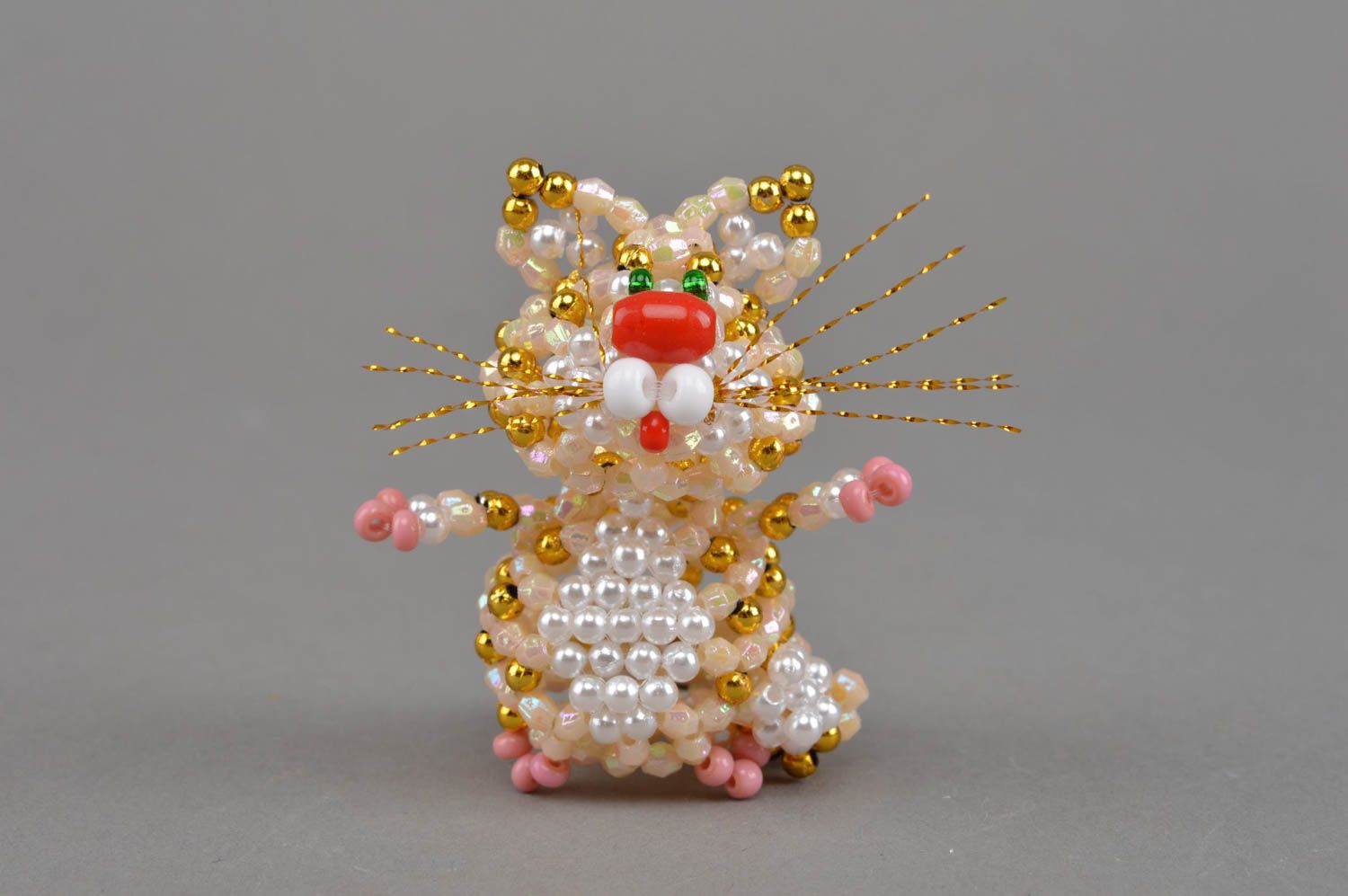 Small designer handmade collectible beaded figurine of cat of gold color photo 4