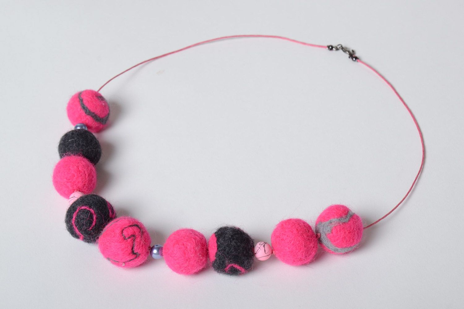 Bright pink and gray handmade wool ball necklace created using needle felting technique photo 2