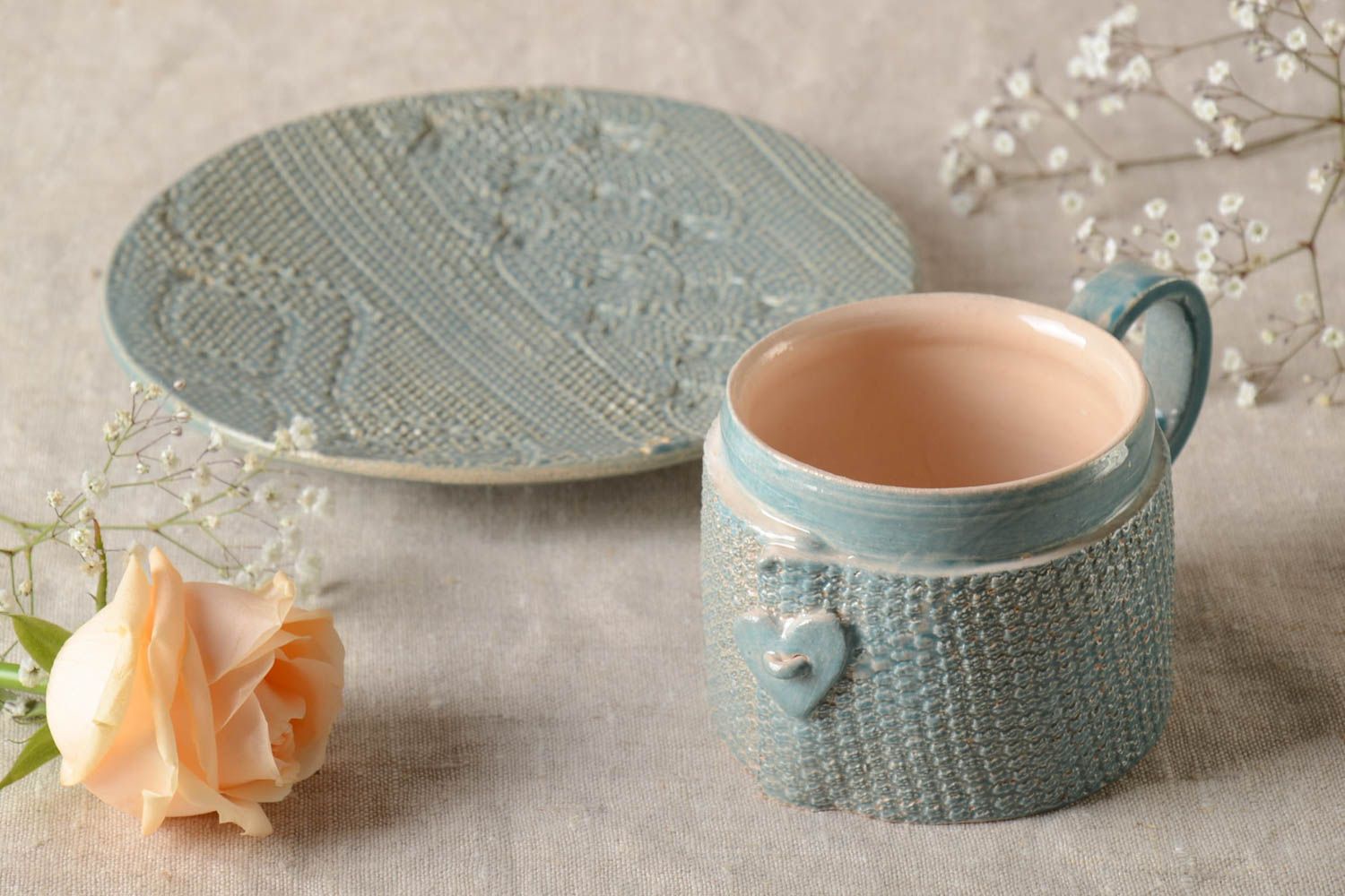 Посуда из глины набор из 2 штук чашка и тарелка голубые красивые ручная работа фото 1