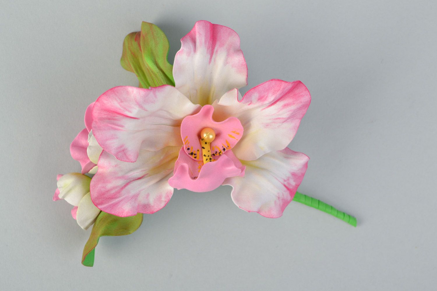 Handmade brooch with volume plastic suede orchid flower for jacket or blouse photo 3