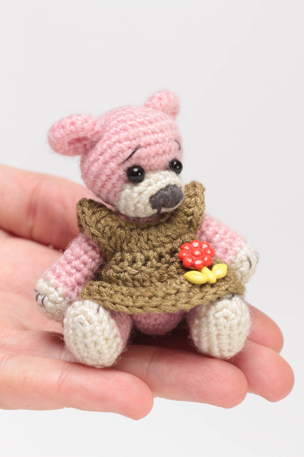 Beautiful homemade design crochet soft toy bear in brown dress  photo 5