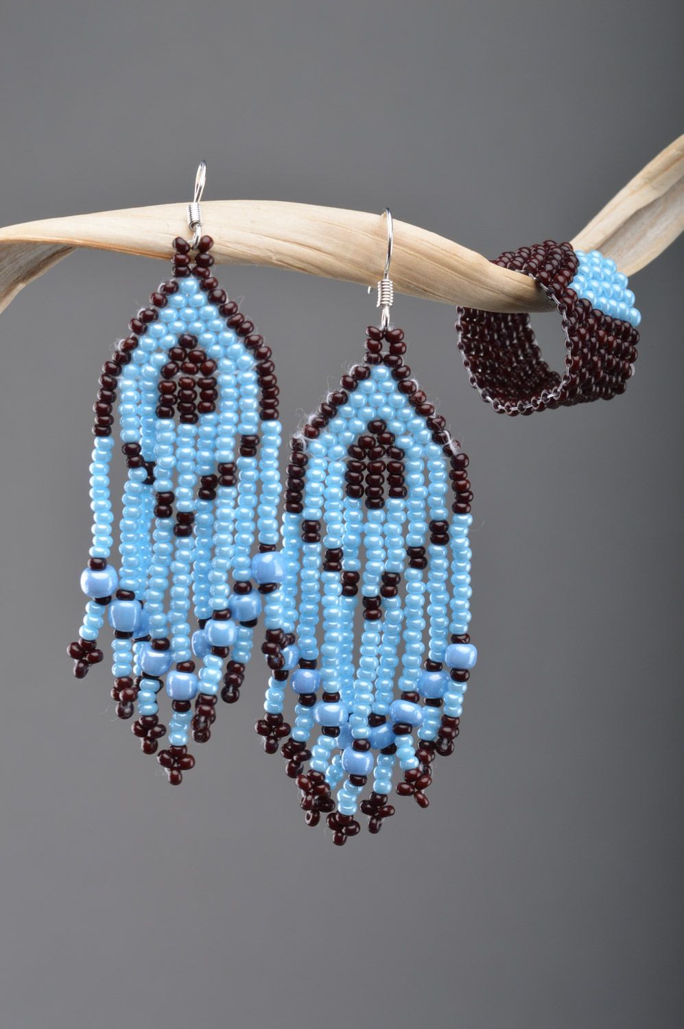 Handmade designer women's beaded jewelry set 2 items earrings and ring Blue and Black photo 4