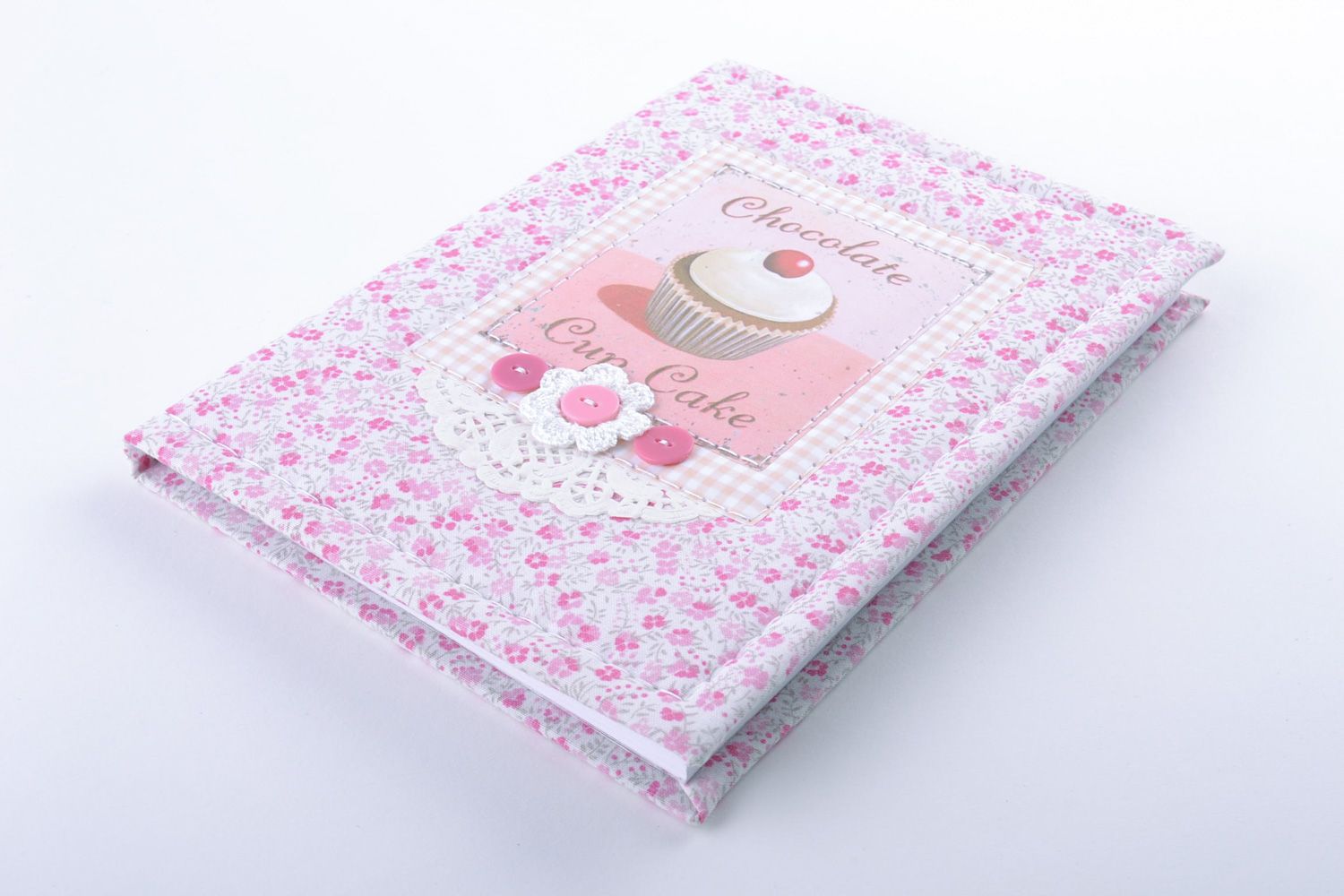 Beautiful handmade notebook with light fabric cover and cute image of cake photo 4