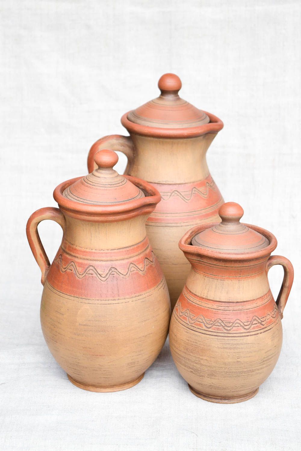 Set of light brown ceramic 30 oz, 45 oz, 60 oz jugs handmade pottery for home décor photo 5