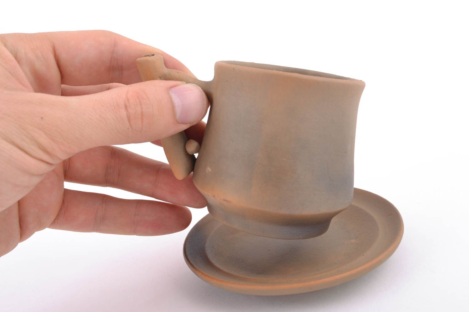 3 oz clay art hand-molded coffee cup with handle and saucer in brown color photo 2