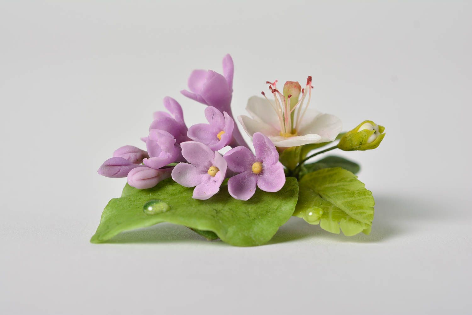 Small gentle handmade designer hair clip with polymer clay flowers beautiful photo 2