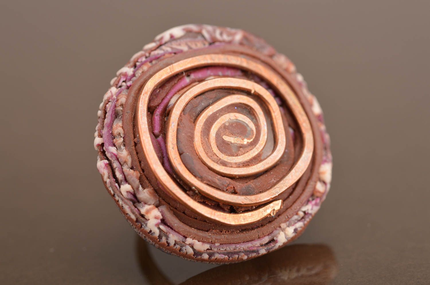 Polymer clay round-shaped brown ring unusual handmade designer accessory photo 2
