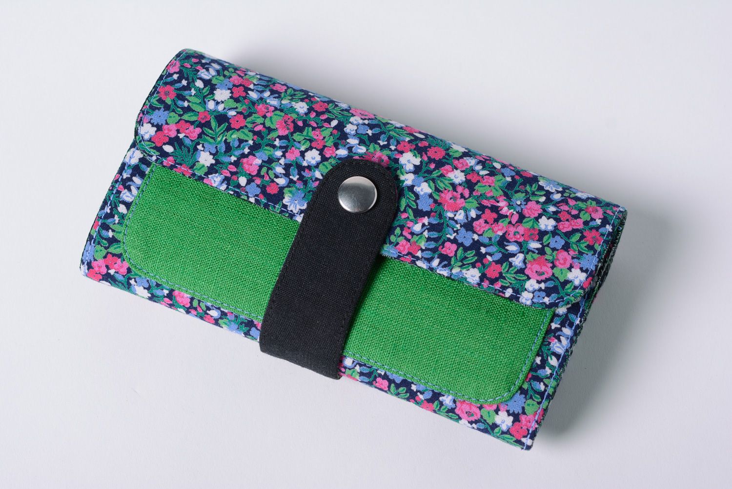 Blue and green handmade women's wallet sewn of natural fabric photo 2