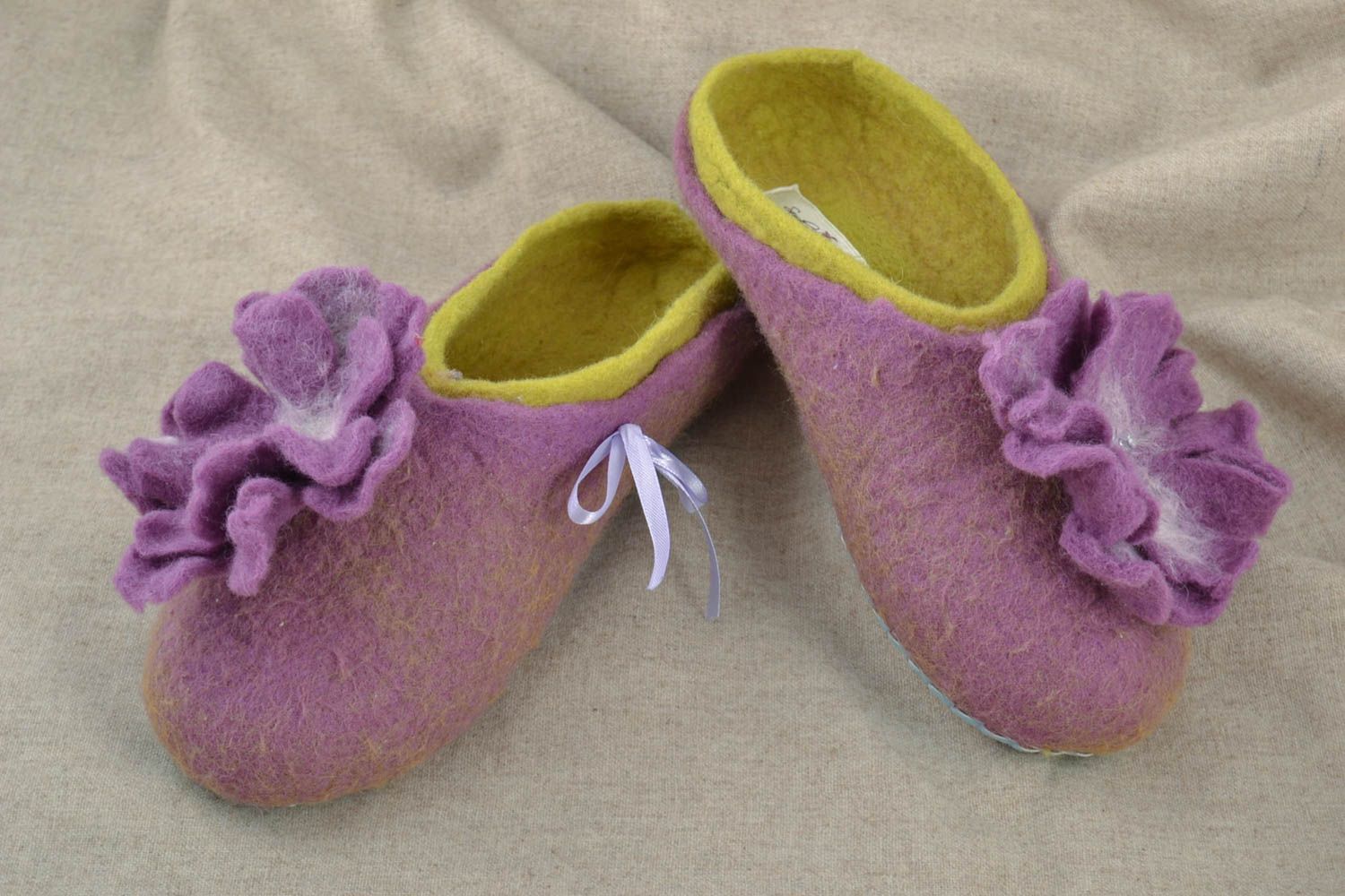 Beautiful homemade designer felted wool slippers with flower and leather sole photo 1