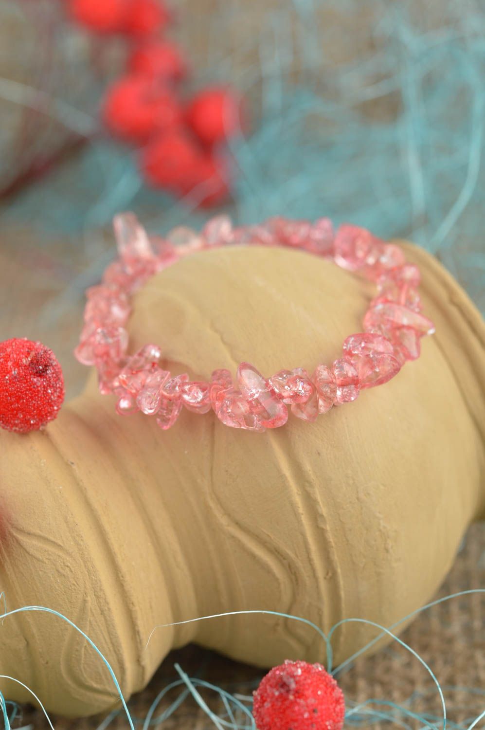 Pink transparent beads bracelet on elastic cord for women photo 1