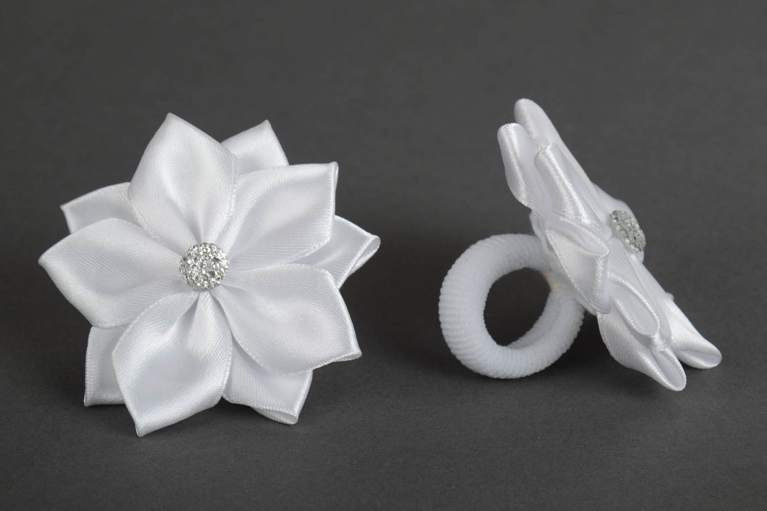 Set of 2 designer festive hair ties with handmade white ribbon kanzashi flowers photo 4