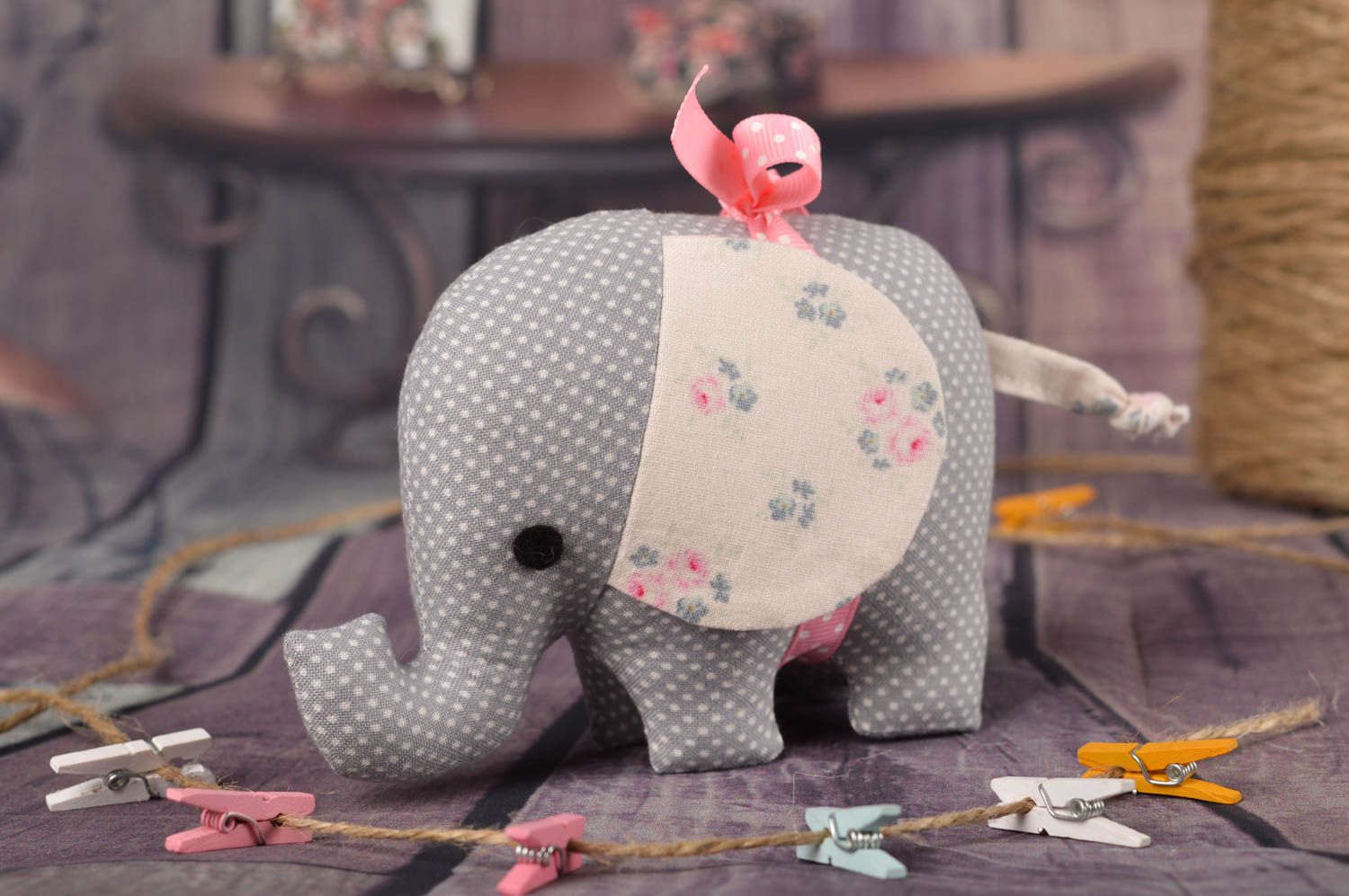 Игрушка слон хэнд мэйд интерьерная игрушка декор для детской серый в горошек фото 1