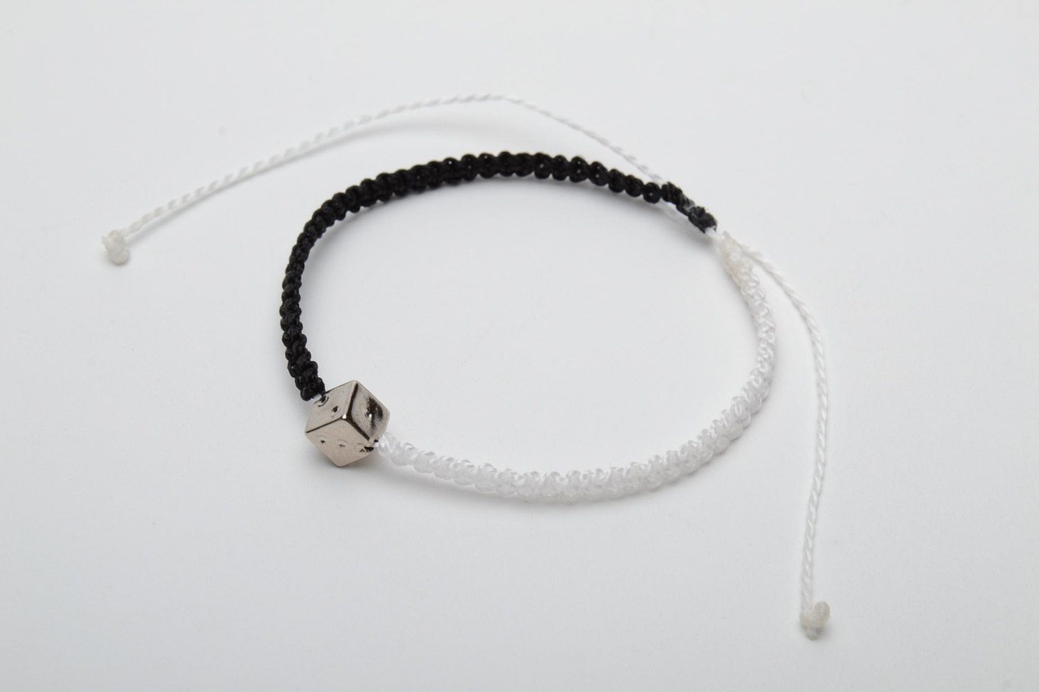 Black and white handmade macrame woven capron thread bracelet photo 3