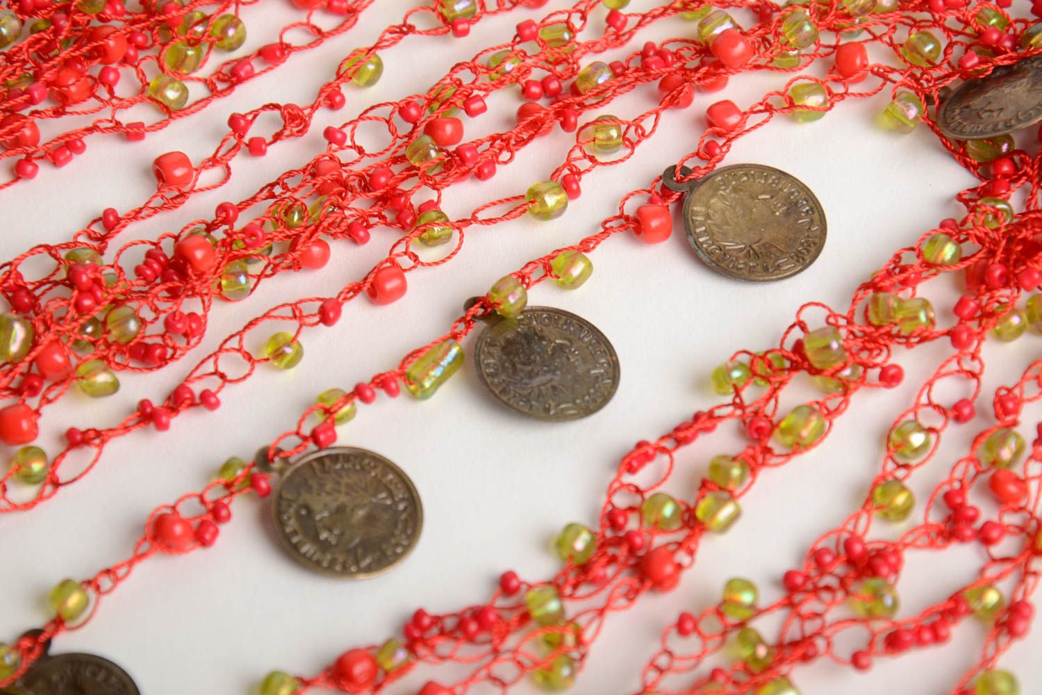 Handmade bright airy crocheted beaded necklace of coral color with coins photo 5