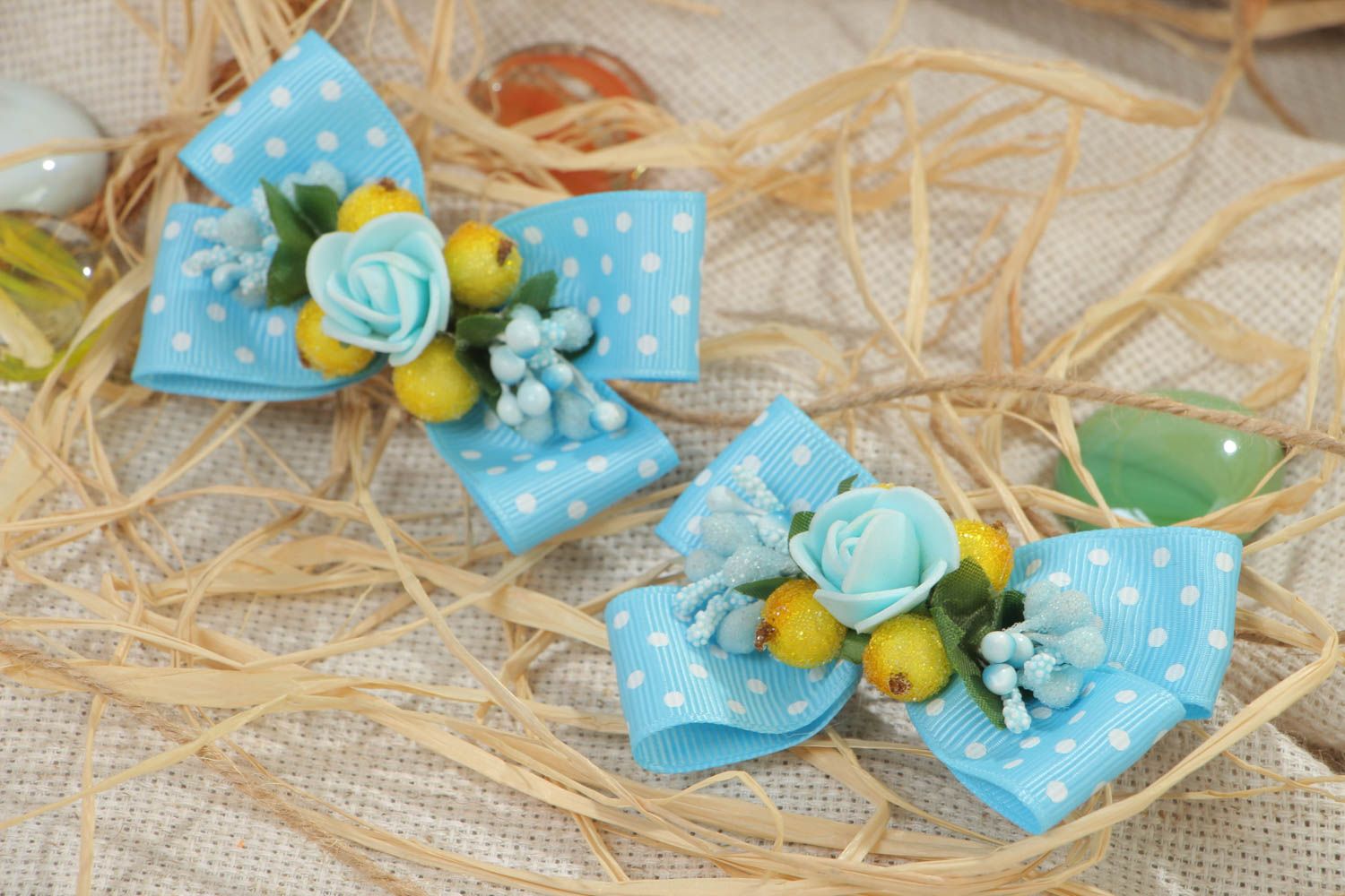 Set of 2 handmade hair clips with small bright blue polka dot rep ribbon bows photo 1