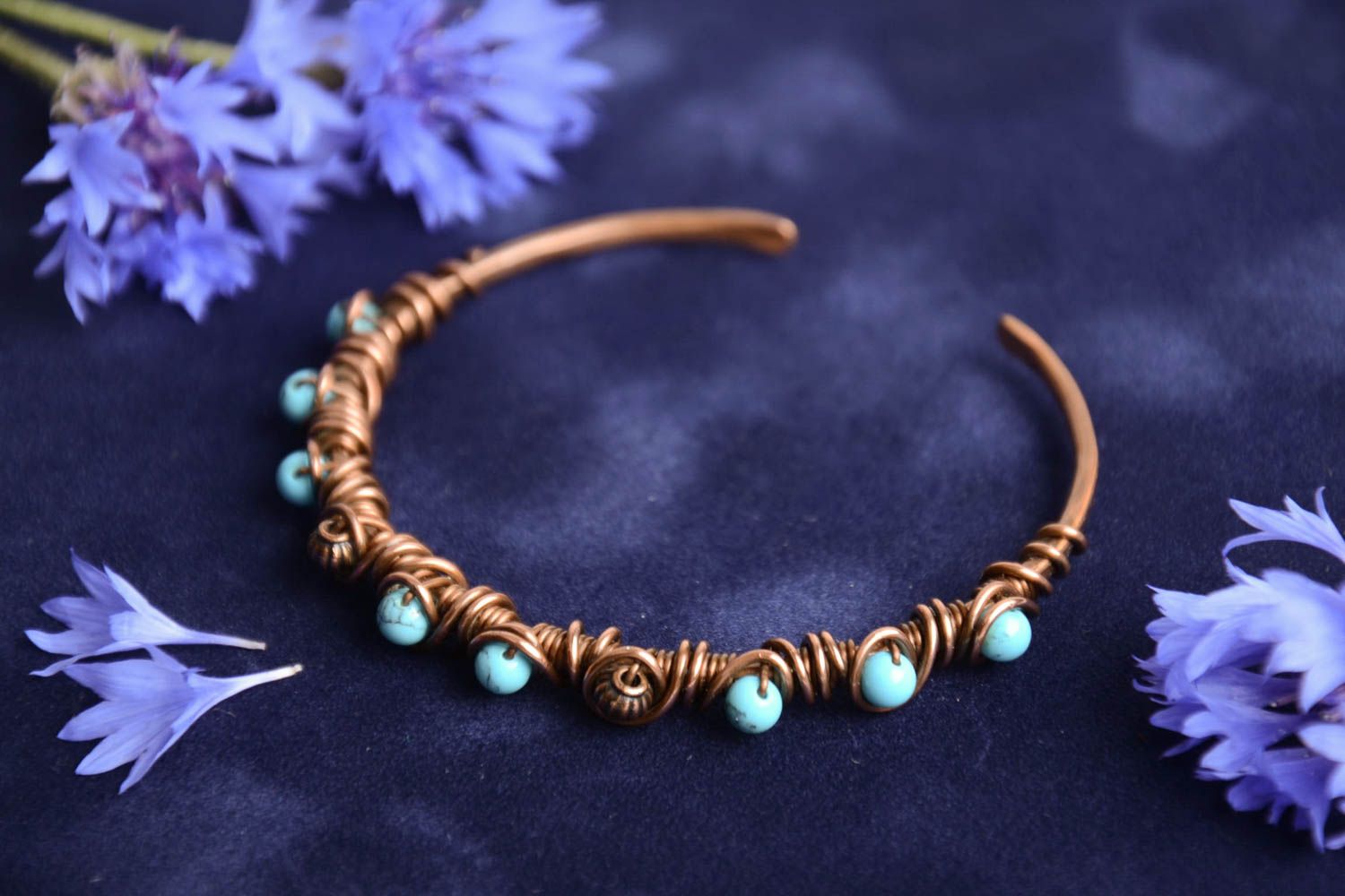 Thin handmade designer wire wrap copper wrist bracelet with turquoise beads photo 1