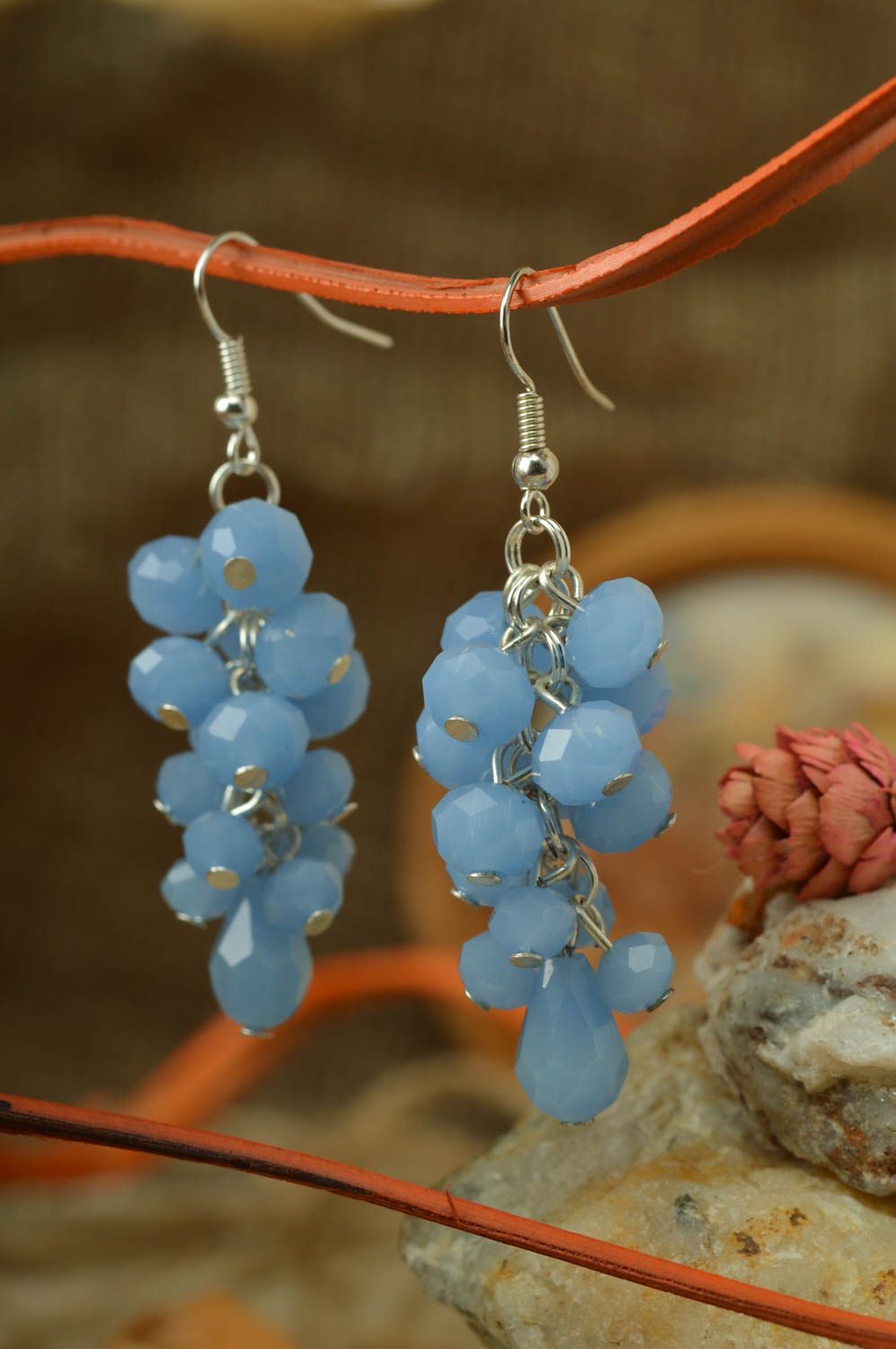 Beautiful blue handmade designer glass bead earrings Grapes photo 1