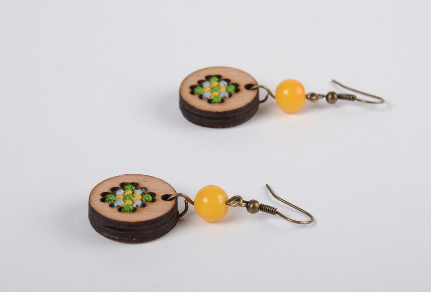Handmade round plywood earrings with cross-stitch embroidery unusual jewelry photo 2