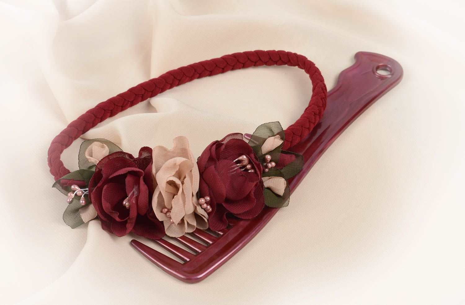 Handmade Mädchen Haarschmuck Haarband mit Blume Accessoire für Haare dunkelrot foto 5