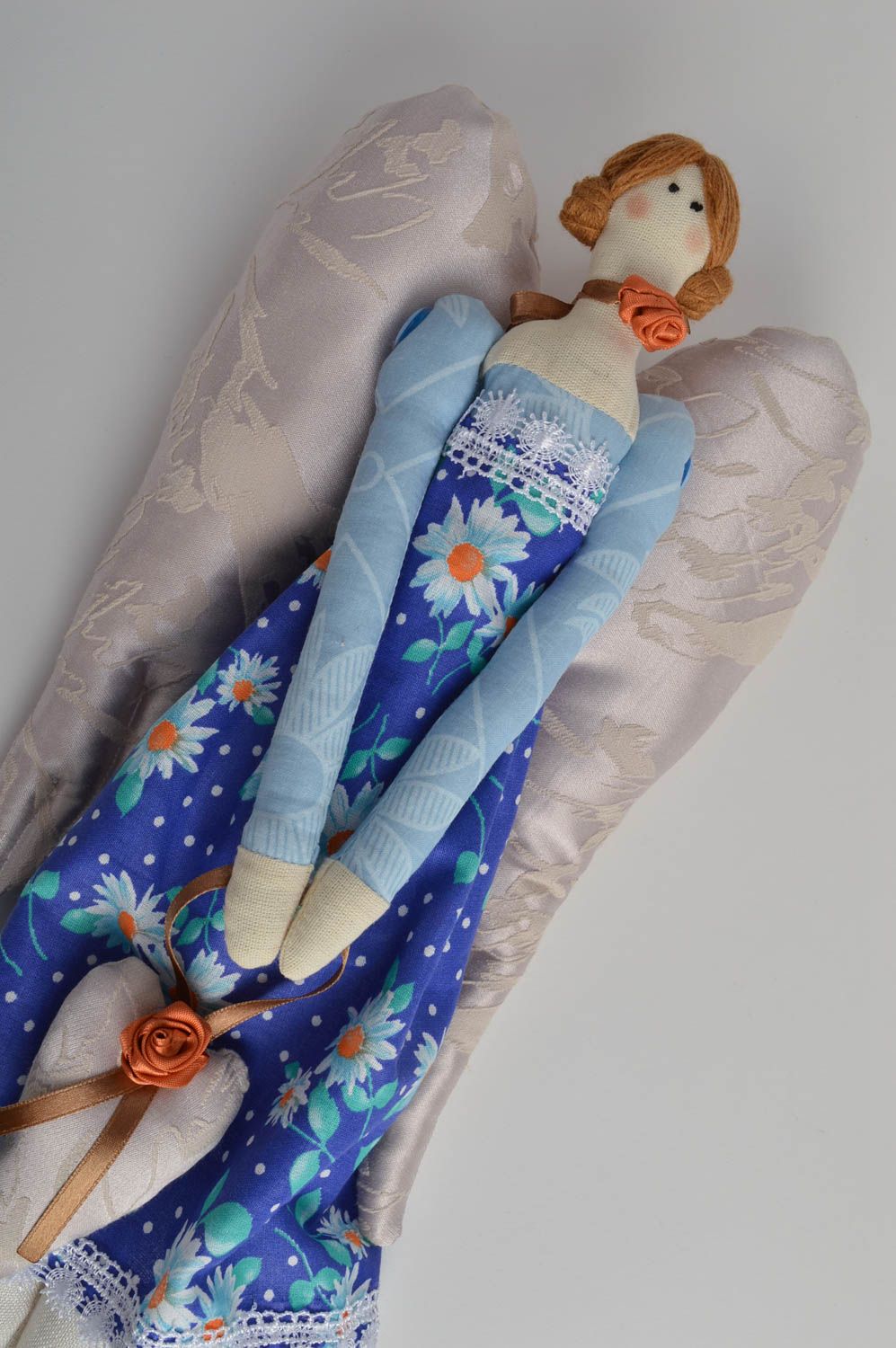 Handmade designer fabric interior soft doll angel in blue dress with eyelet photo 3