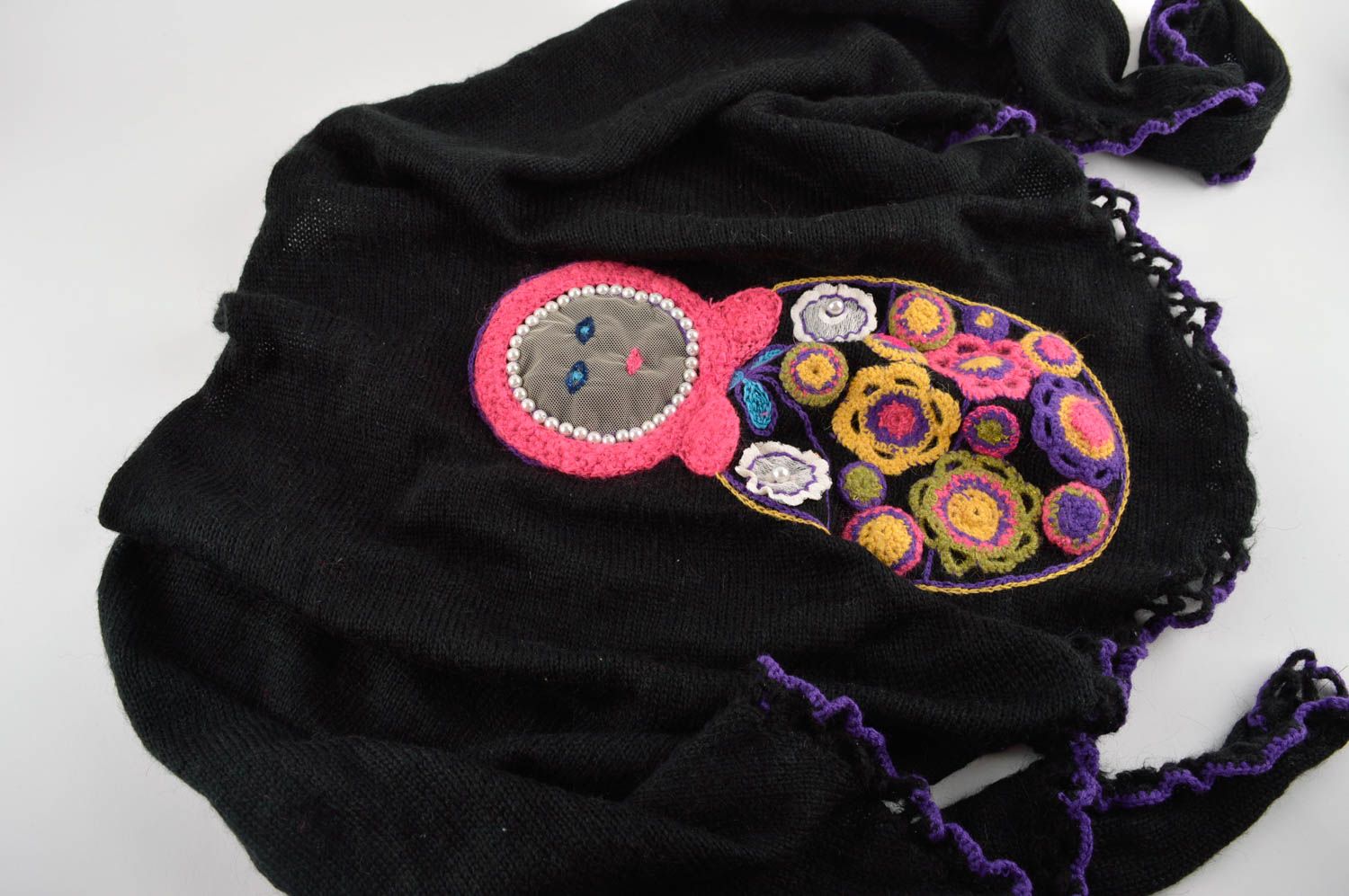 Женский платок ручной работы вязаная шаль женская накидка шерстная темная фото 3