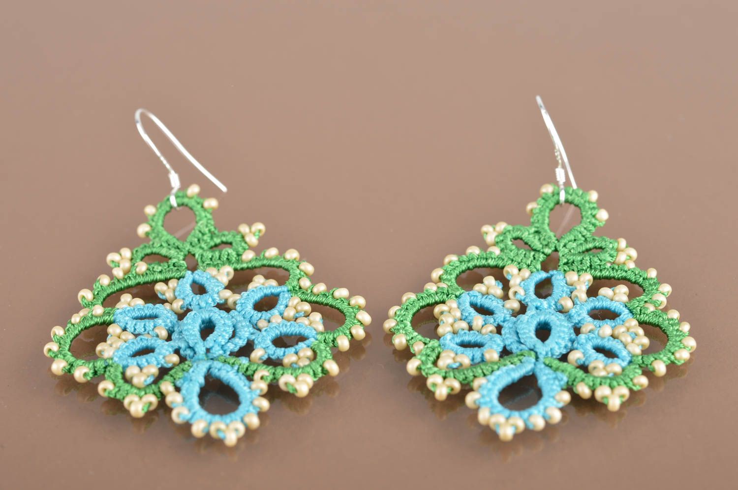Handmade large lace drop tatted earrings woven of green and blue satin threads photo 5