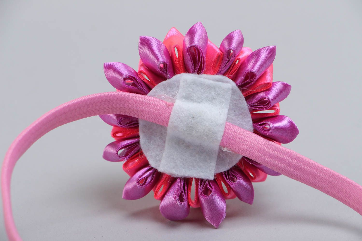 Handmade designer headband with thin basis and pink ribbon kanzashi flower  photo 4