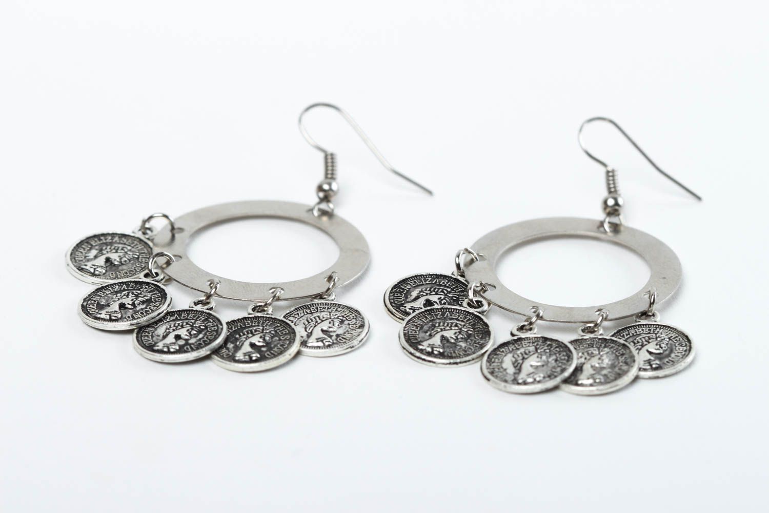 Handmade runde Ohrringe Metall Schmuck ausgefallener Ohrschmuck mit Münzen lang foto 3