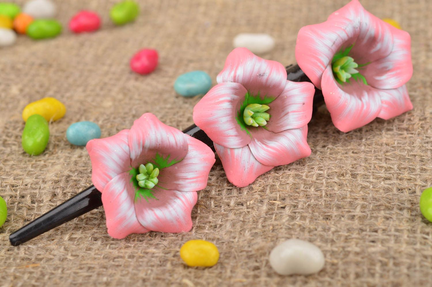 Designer hair clip on metal basis with handmade polymer clay pink flowers photo 1