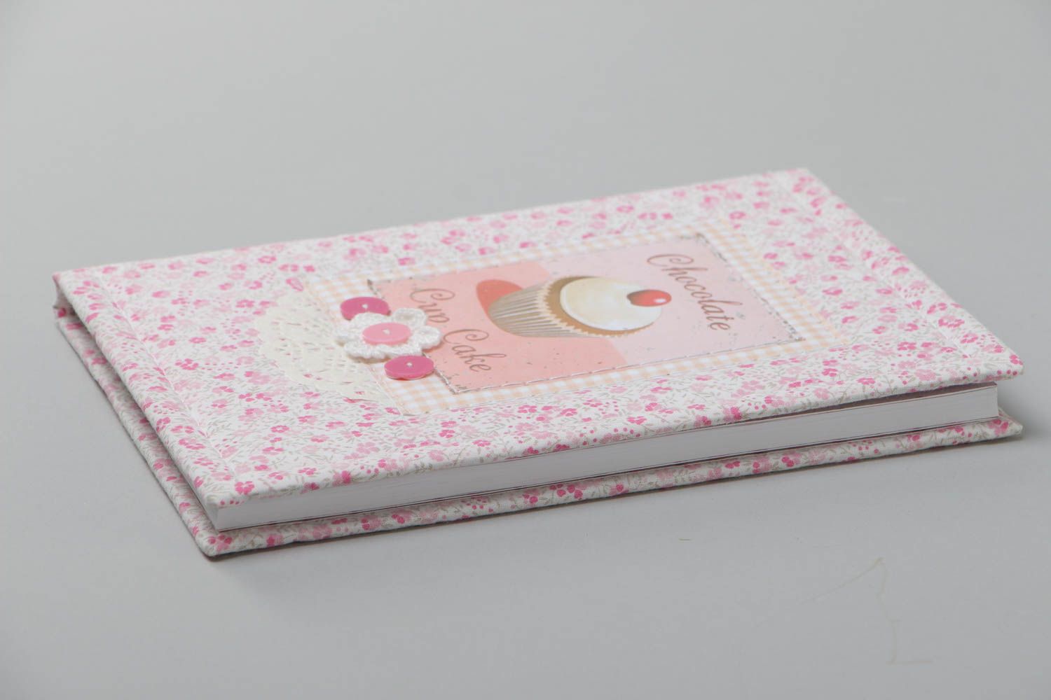 Carnet couverture en tissu de coton fait main rose avec gâteau pour fille photo 3