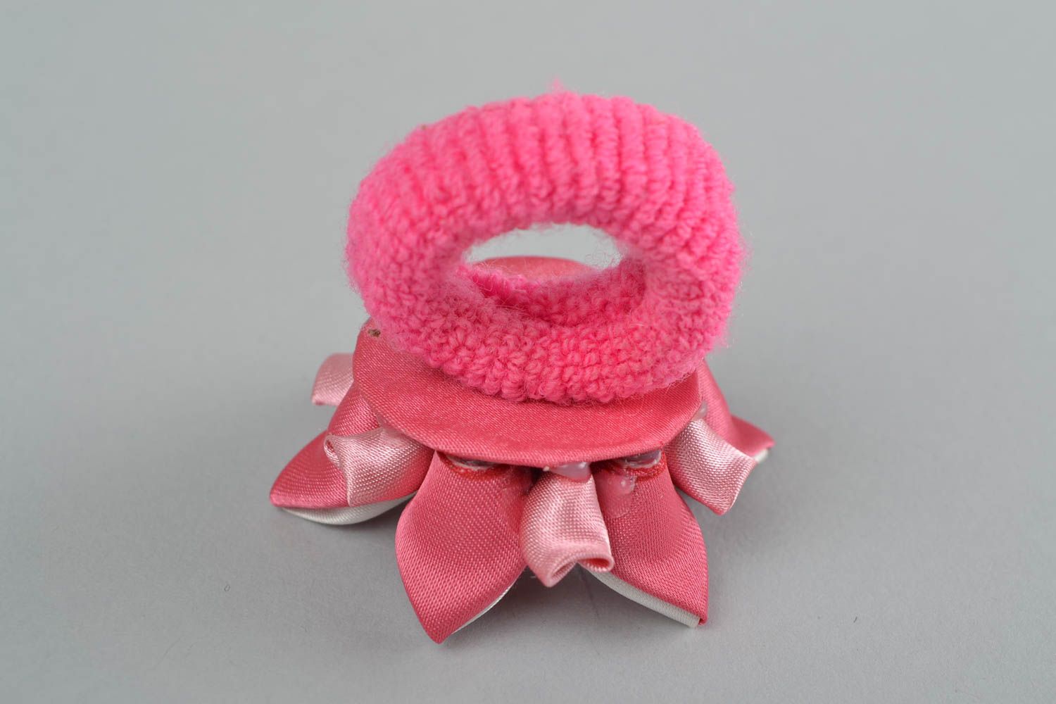 Pink handmade hair tie made of satin ribbons in shape of flower for kids photo 5
