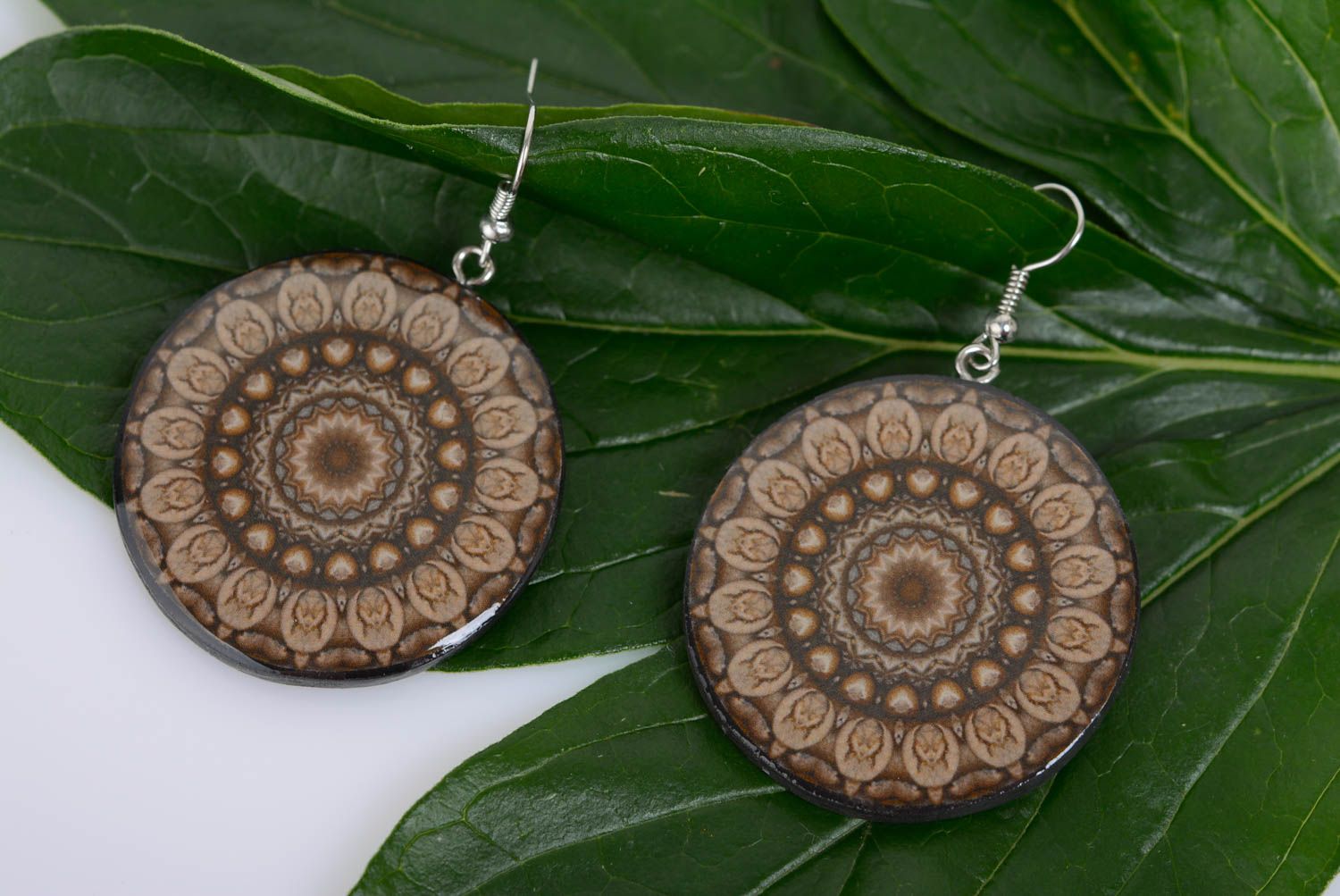 Earrings made of polymer clay in brown tones decoupage handmade women accessory photo 3