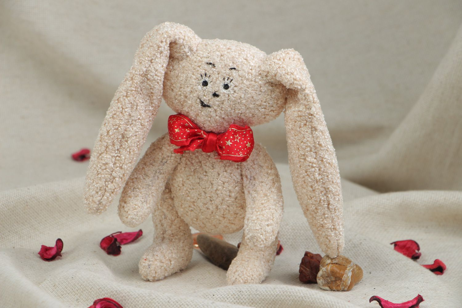 Handmade soft plush toy long-eared hare of beige color for children photo 5