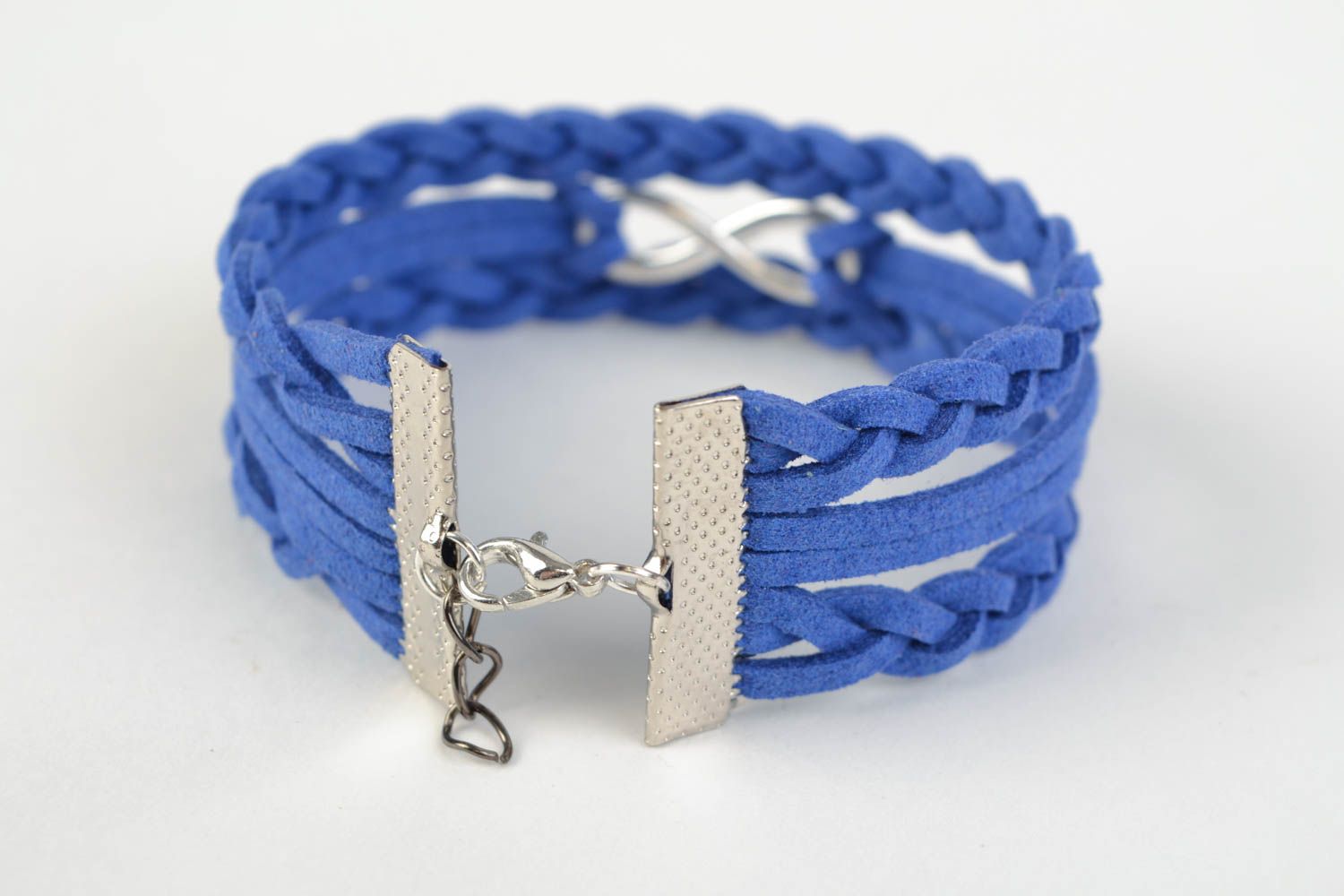 Large bracelet en lacets de daim avec symbole de l'infini bleu fait main femme photo 4