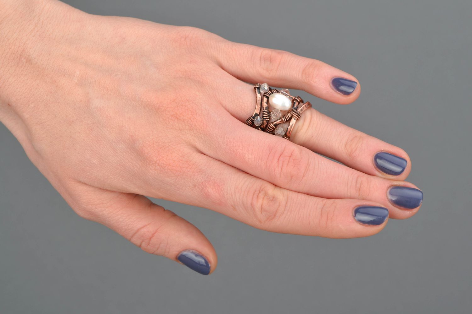 Wide copper ring with pearl wire wrap photo 2