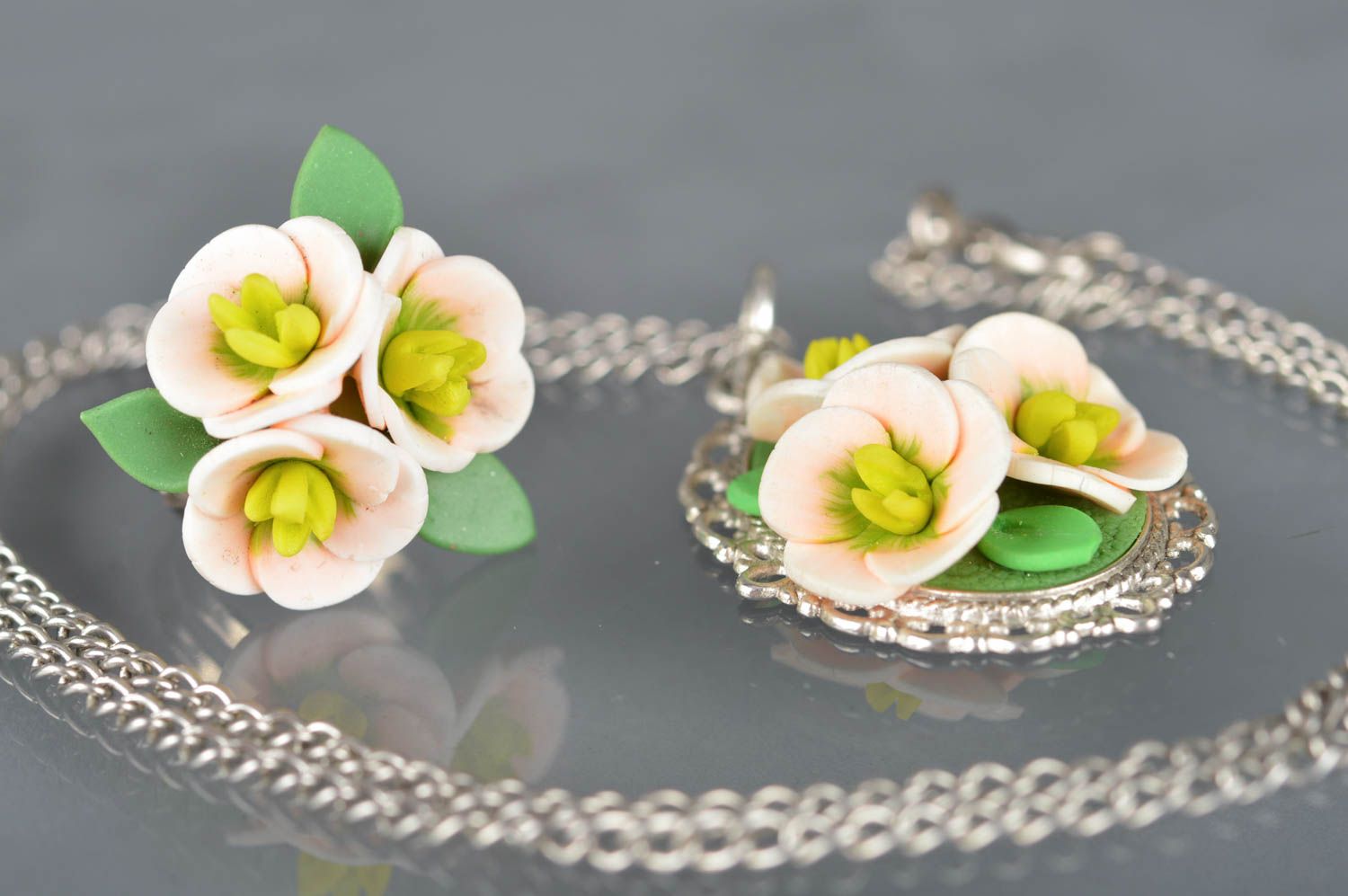 Set of polymer clay handmade jewelry pendant and a ring with beautiful flowers photo 4