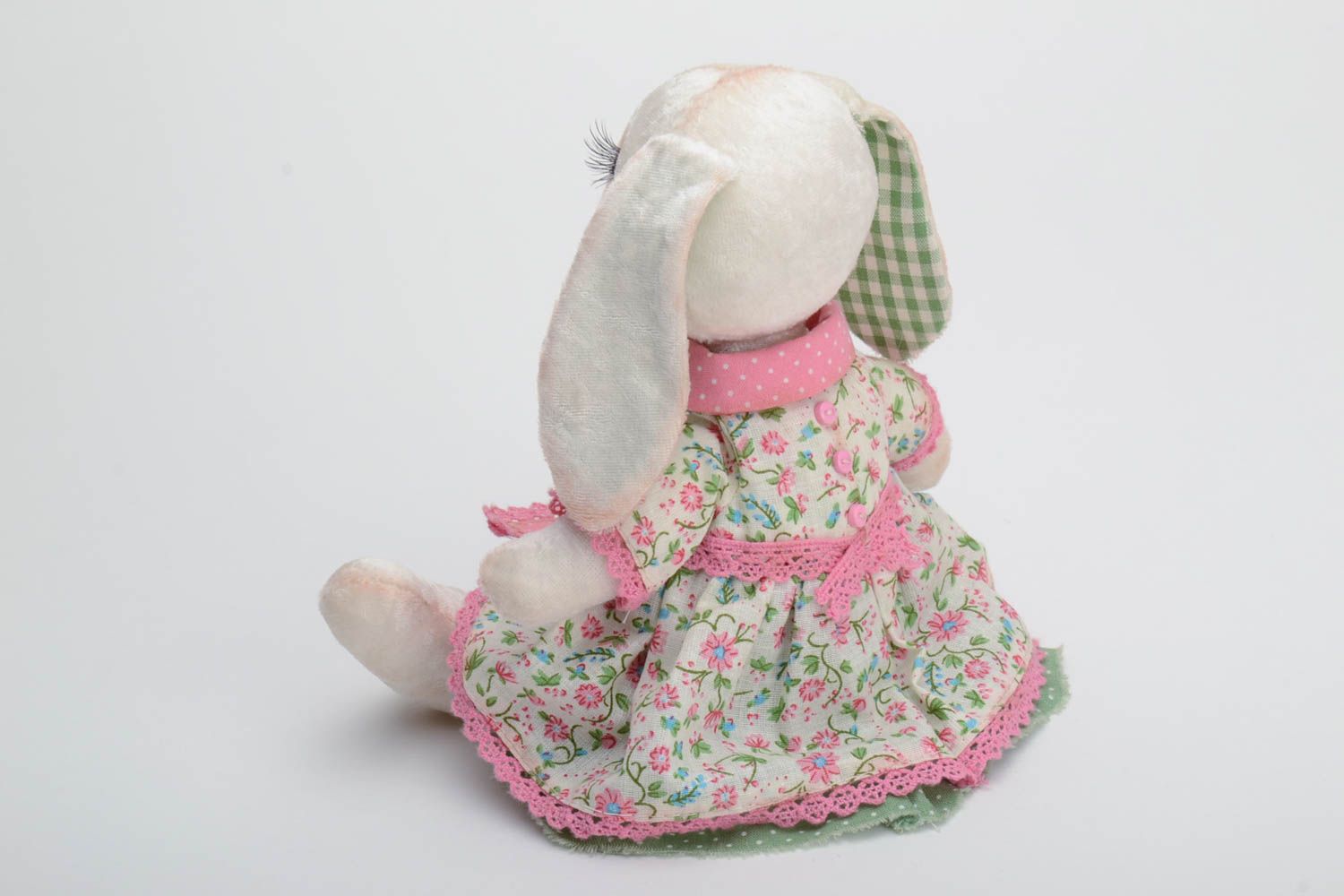 Handmade designer cotton and plush soft toy rabbit in pink floral dress for kids photo 4